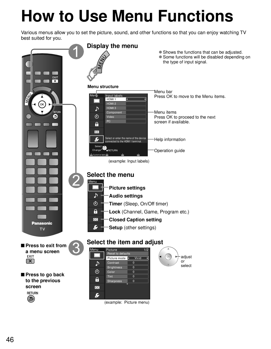 Panasonic TC-65PST34 owner manual How to Use Menu Functions, Display the menu, Select the menu, Select the item and adjust 