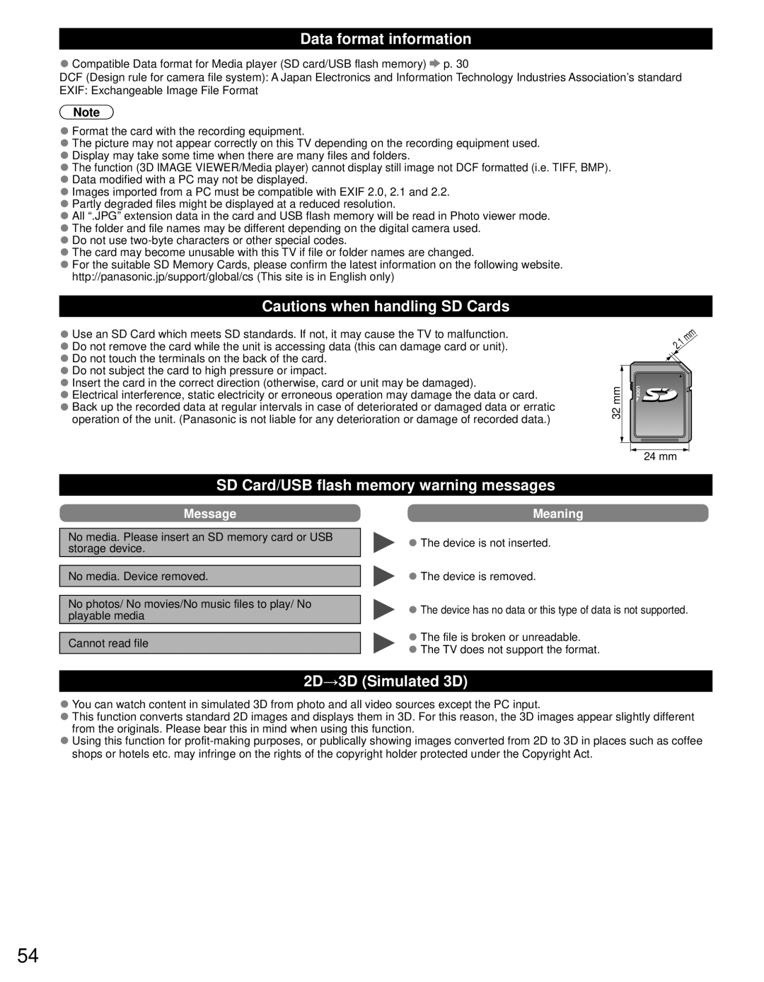 Panasonic TC-65PST34 Data format information, SD Card/USB flash memory warning messages, 2D→3D Simulated 3D, Mm32 24 mm 