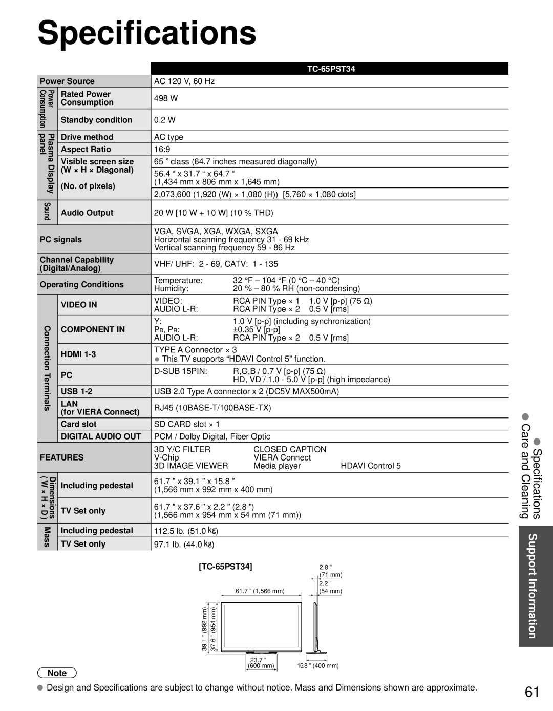 Panasonic TC-65PST34 owner manual Specifications 