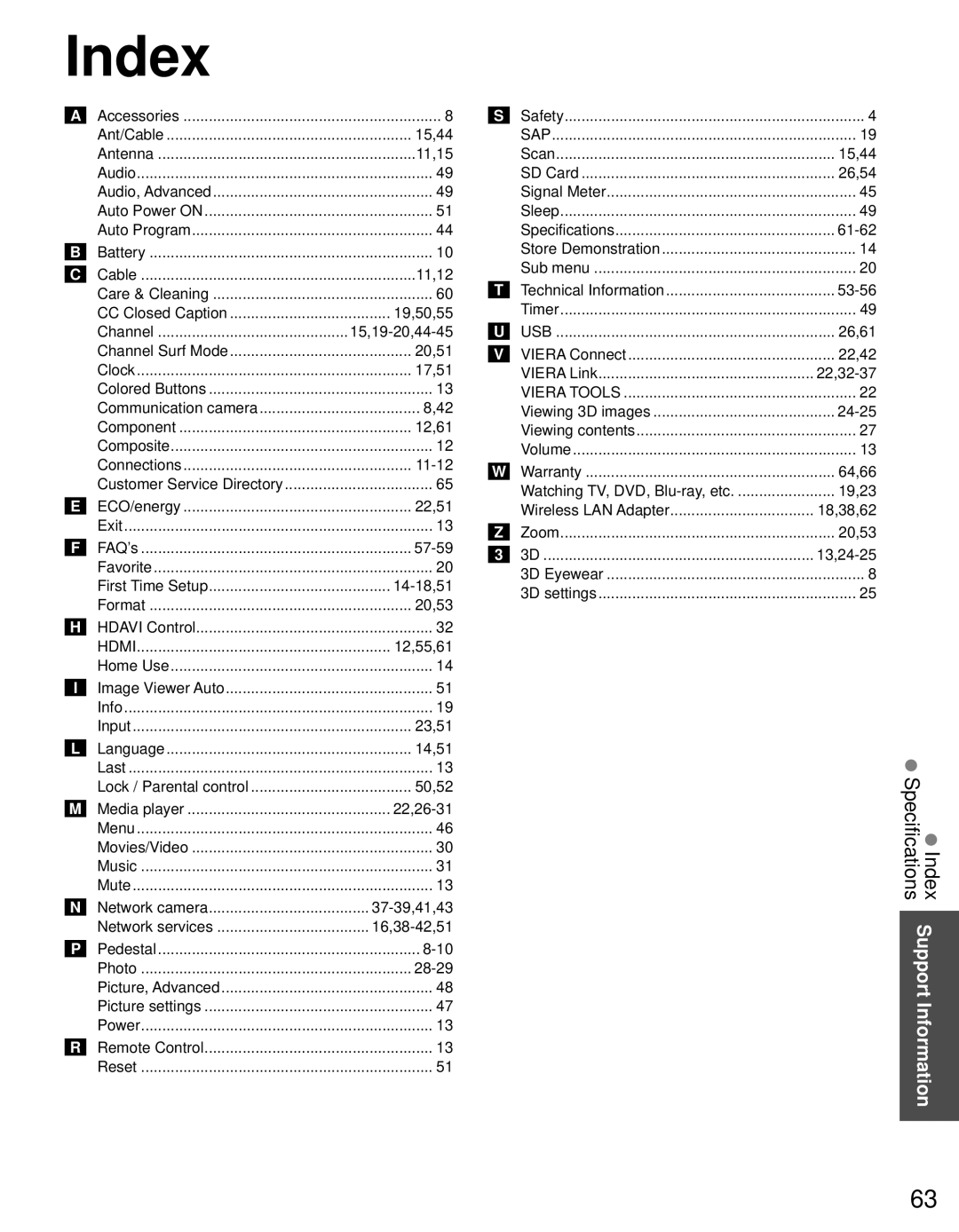 Panasonic TC-65PST34 owner manual SpecificationsIndex Support Information 