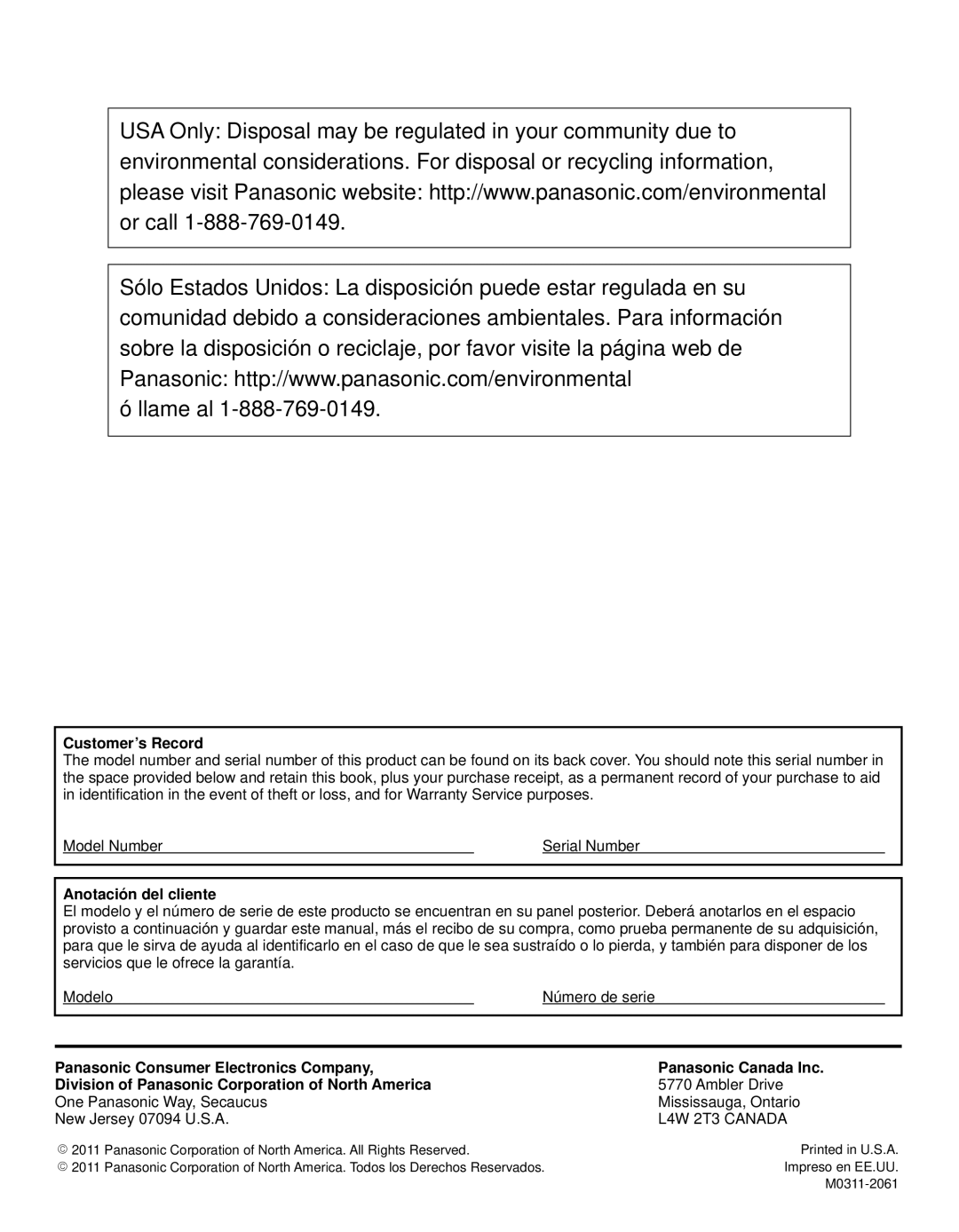 Panasonic TC-65PST34 owner manual Customer’s Record, Anotación del cliente, Ambler Drive 