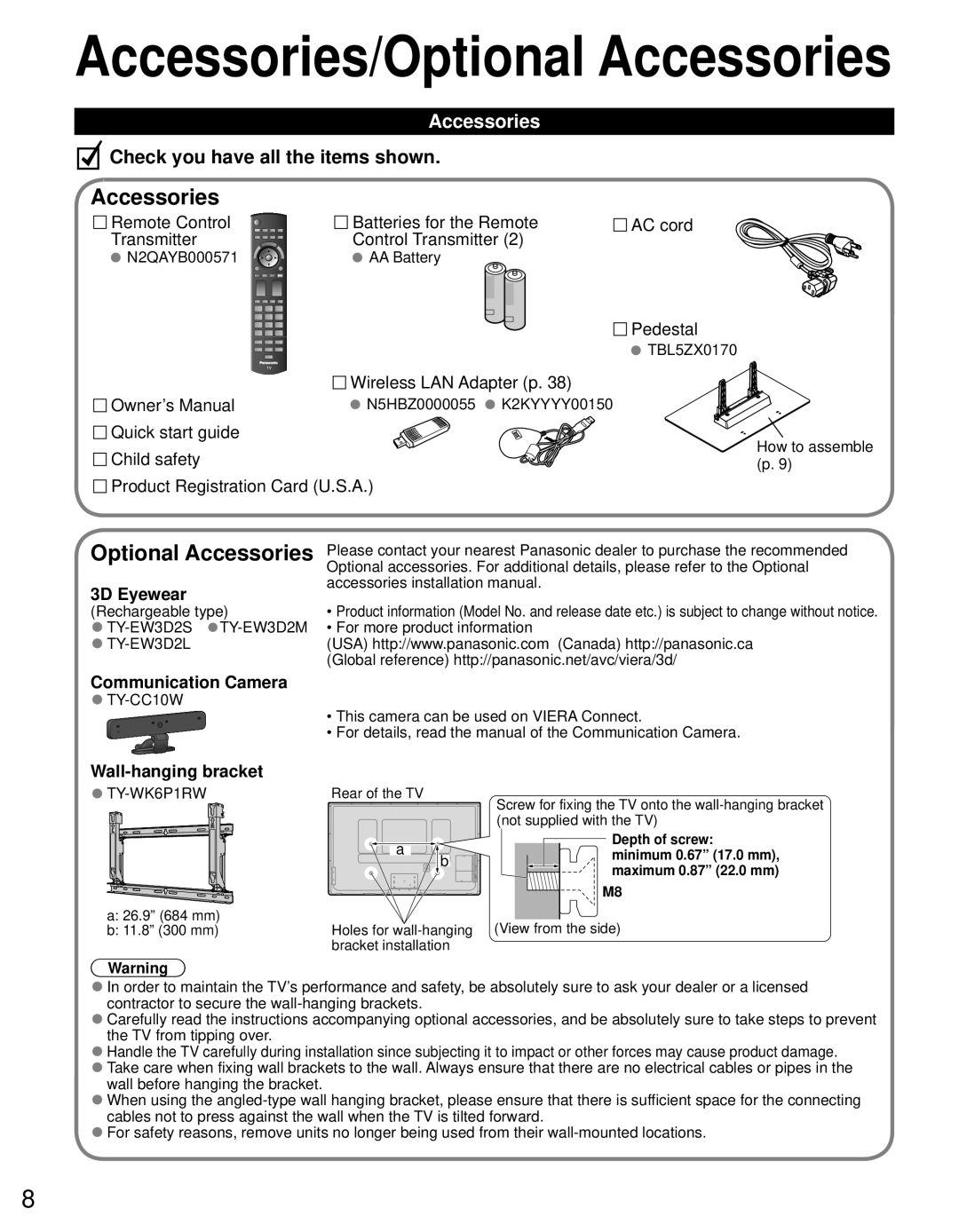 Panasonic TC-65PST34 owner manual Optional Accessories 