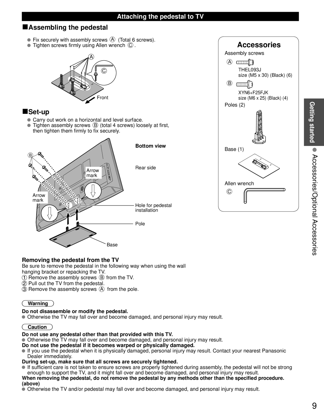 Panasonic TC-65PST34 Getting started Accessories/Optional Accessories, Attaching the pedestal to TV, Bottom view 