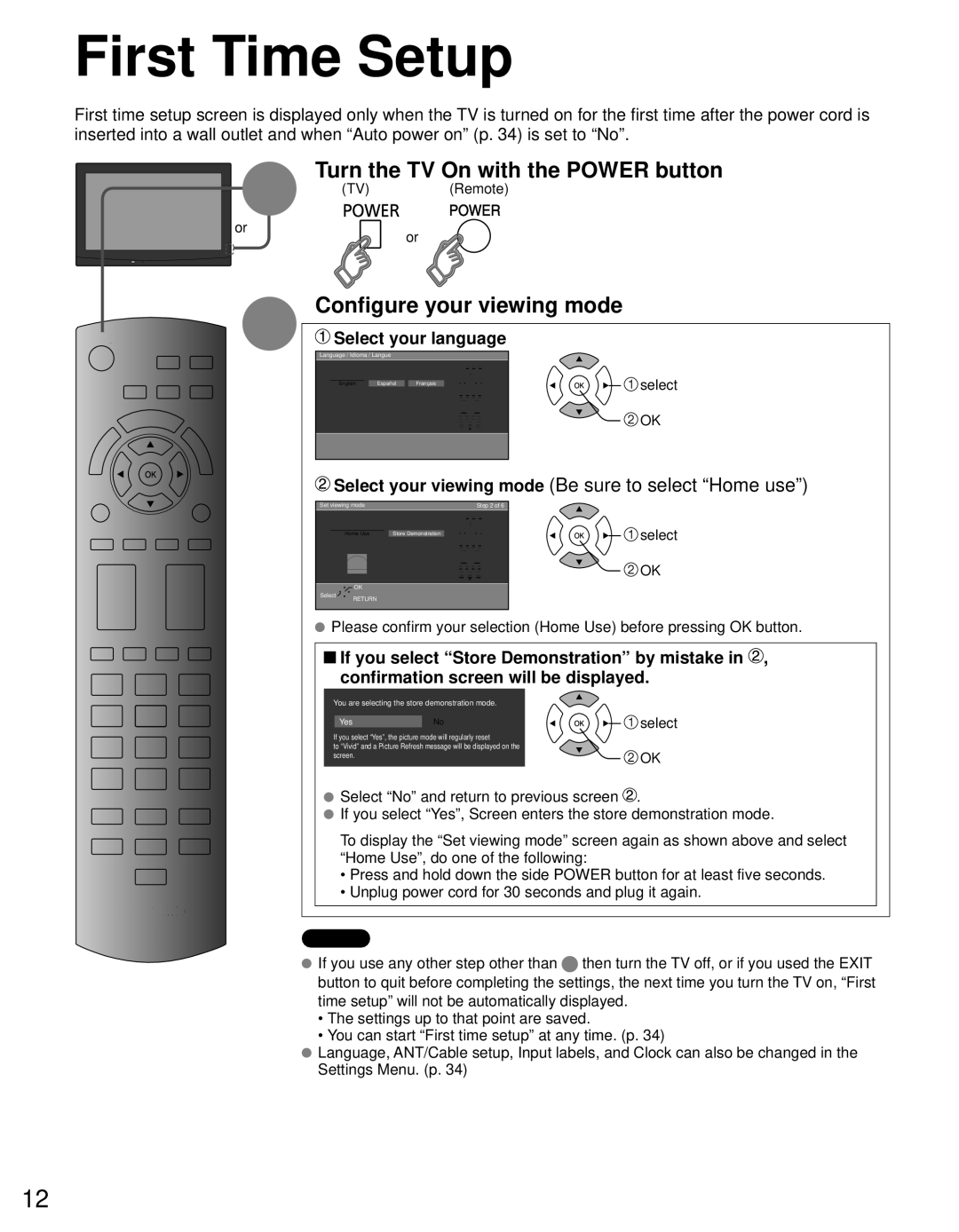 Panasonic TC-L19C30 owner manual First Time Setup, Turn the TV On with the Power button, Configure your viewing mode 