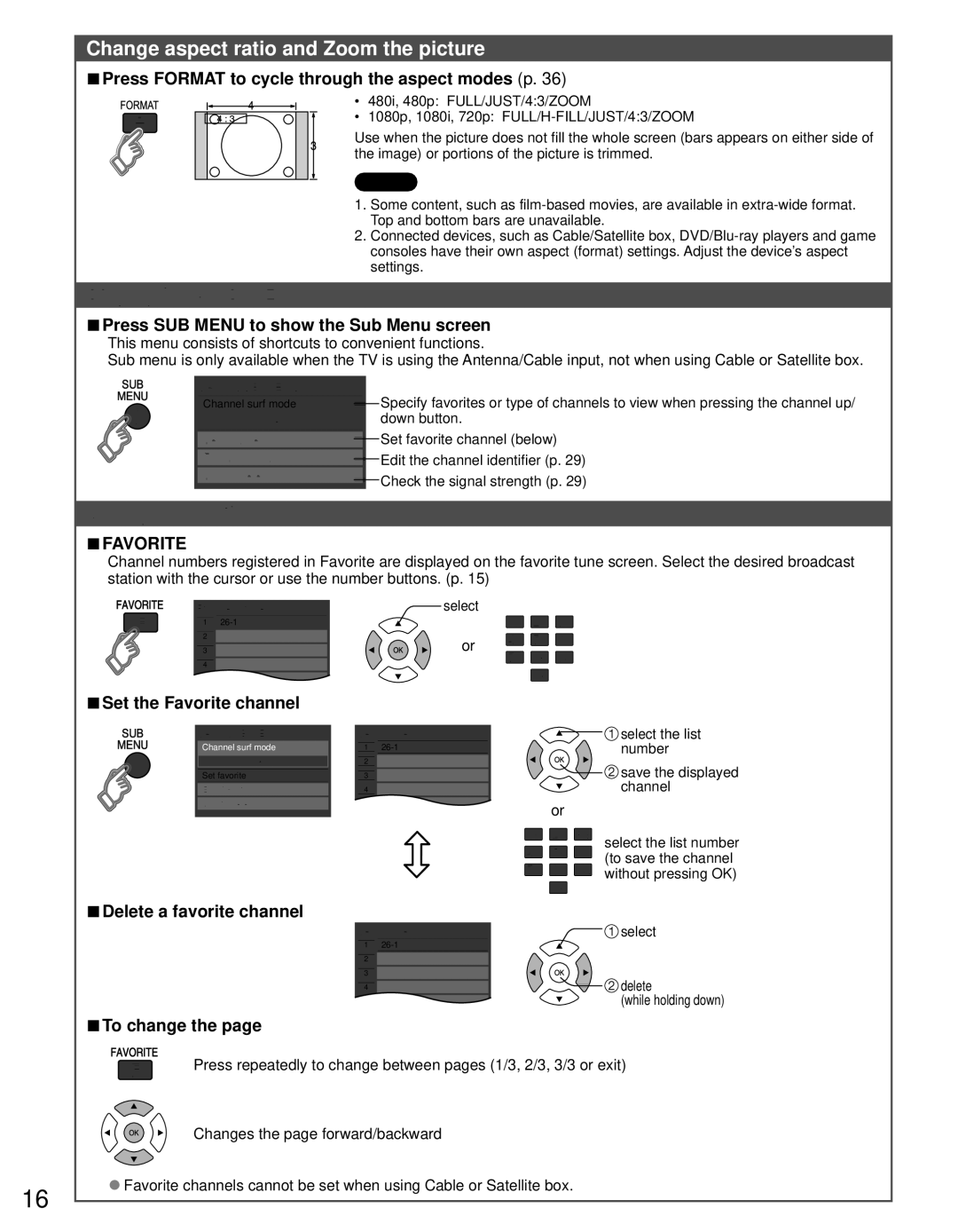 Panasonic TC-L19C30 owner manual Change aspect ratio and Zoom the picture, Display the SUB Menu, Call up a favorite channel 