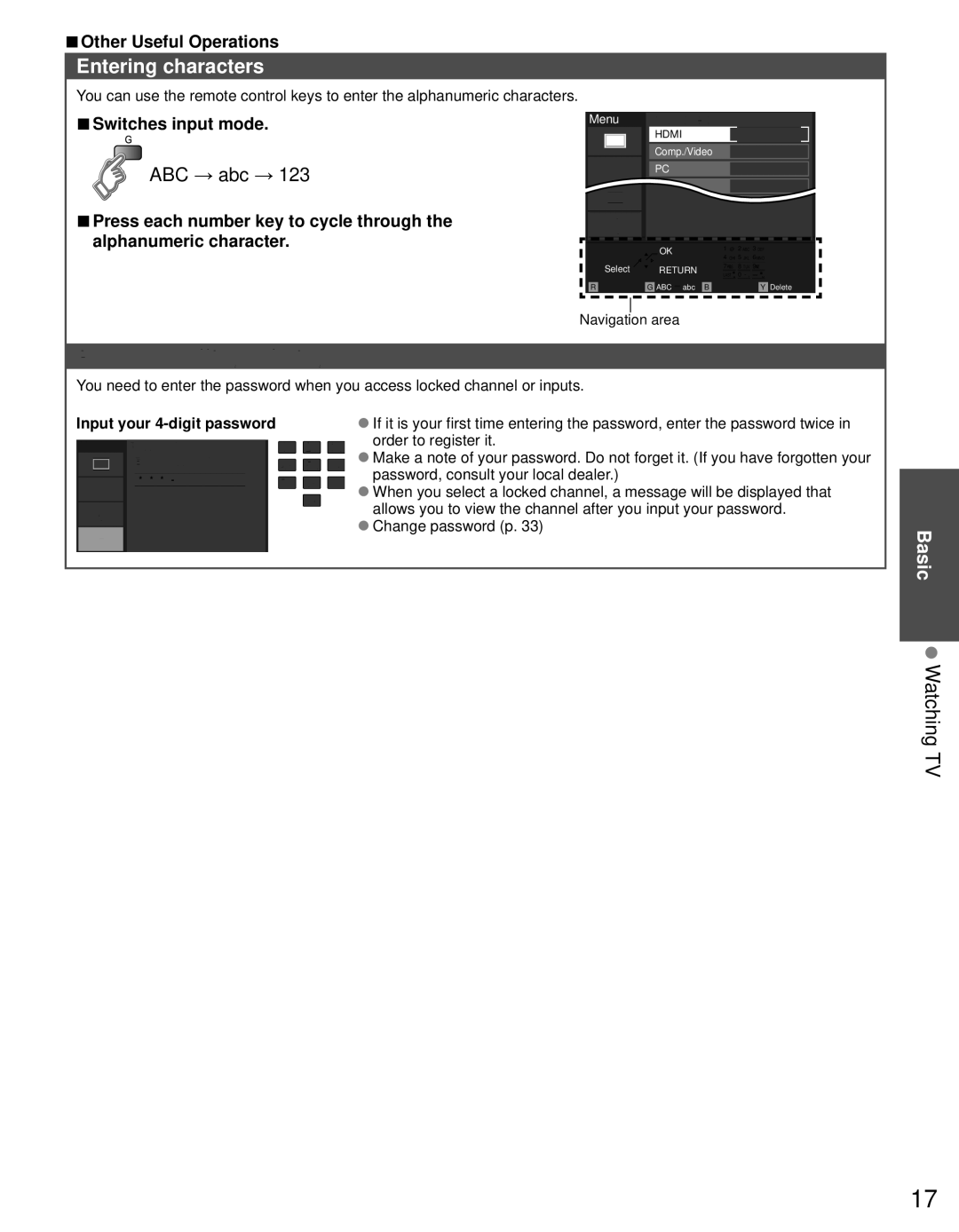 Panasonic TC-L19C30 owner manual Entering characters, Password setting/entering, Watching TV, Other Useful Operations 