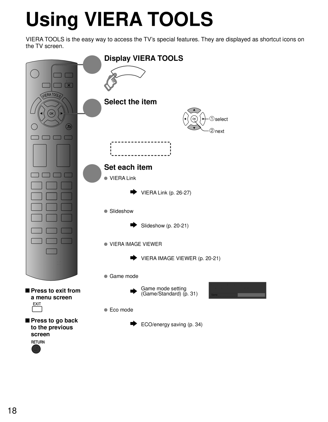 Panasonic TC-L19C30 owner manual Using Viera Tools, Display Viera Tools Select the item, Set each item 