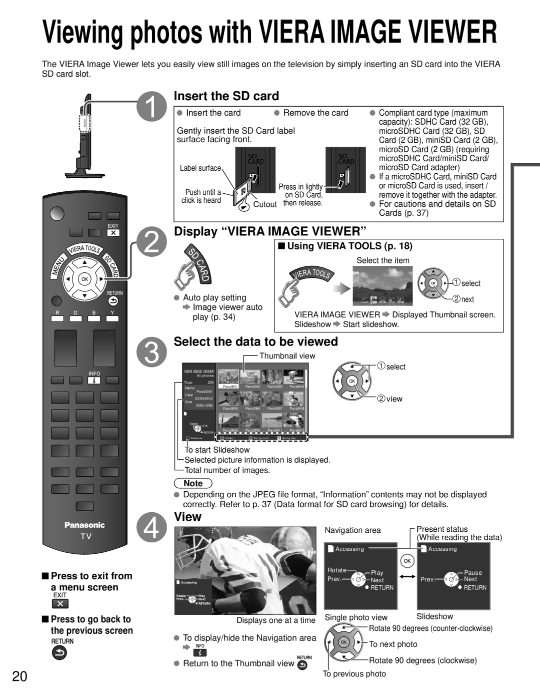 Panasonic TC-L19C30 owner manual Insert the SD card, Display Viera Image Viewer, Select the data to be viewed 