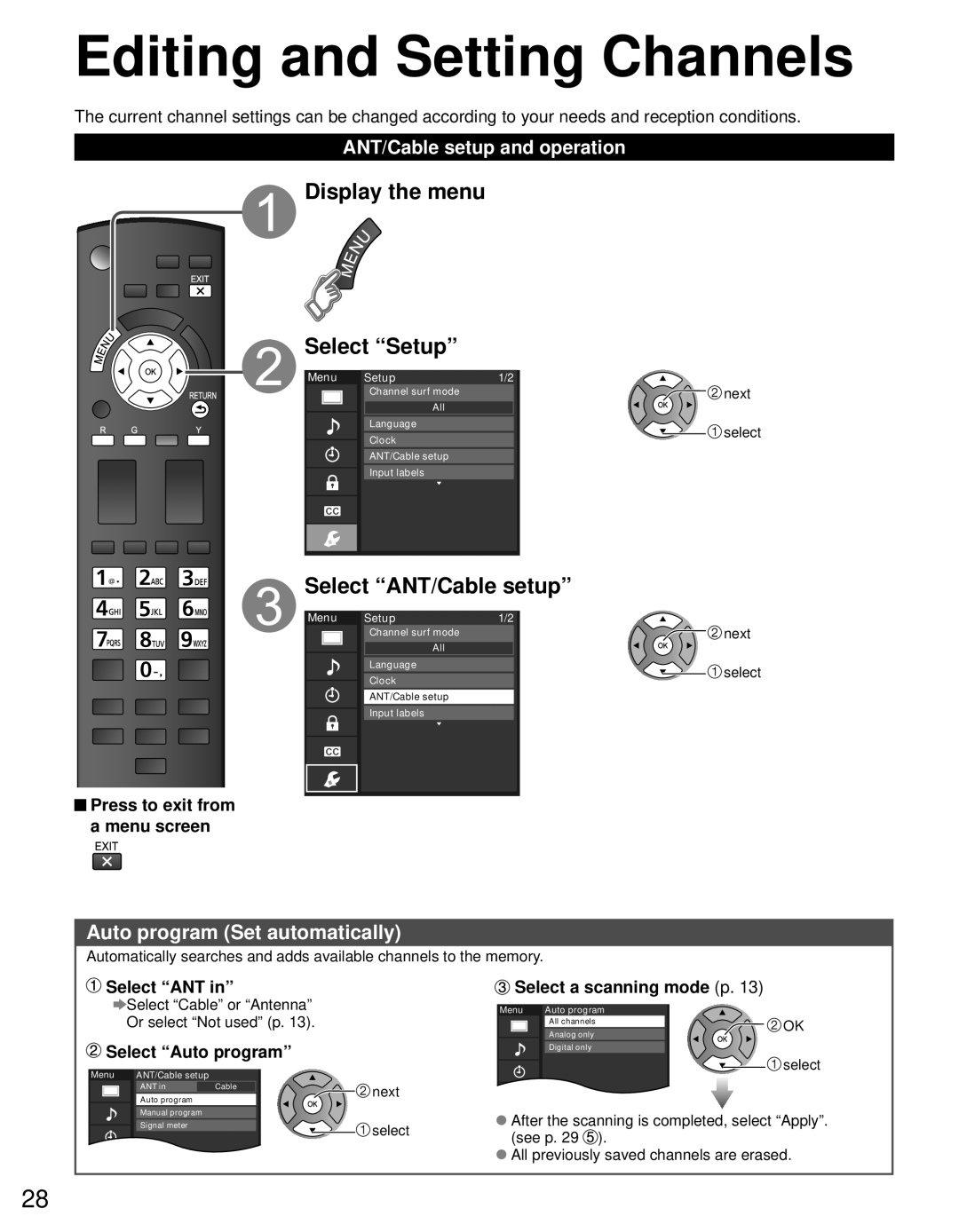 Panasonic TC-L19C30 owner manual Editing and Setting Channels, Display the menu Select Setup, Select ANT/Cable setup 