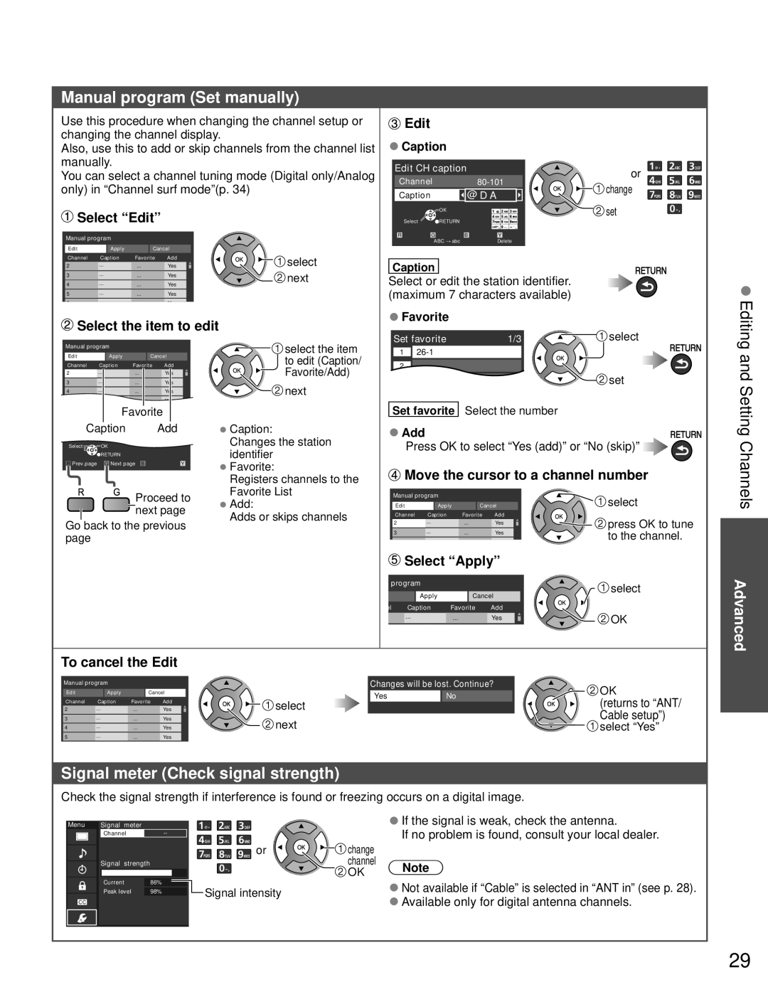 Panasonic TC-L19C30 owner manual Manual program Set manually, Setting Channels, Signal meter Check signal strength 