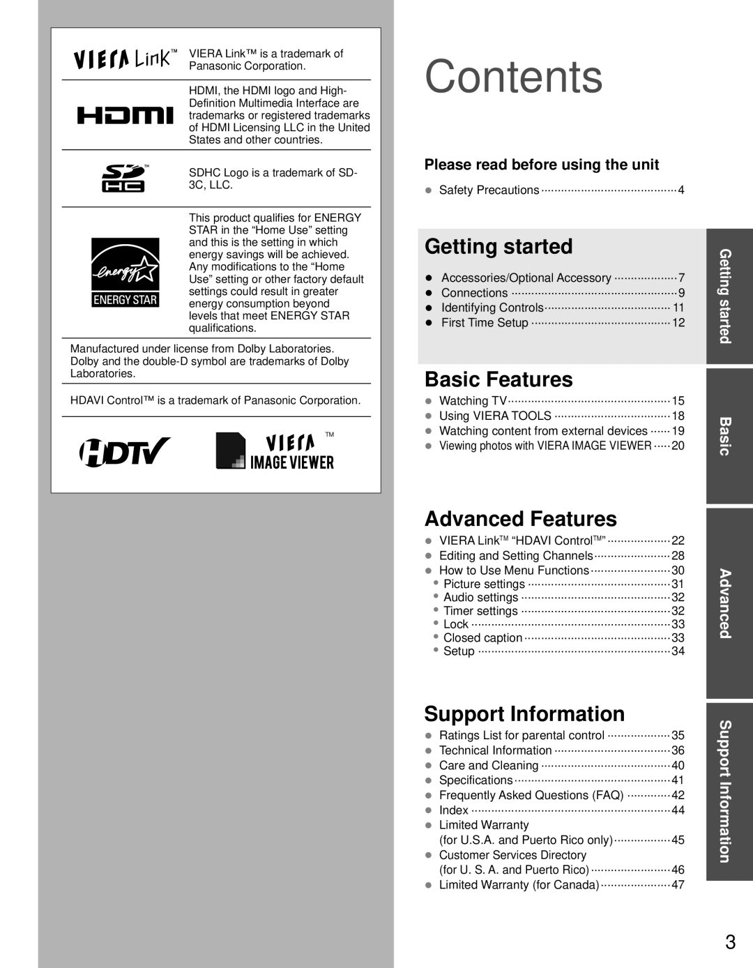 Panasonic TC-L19C30 owner manual Contents 