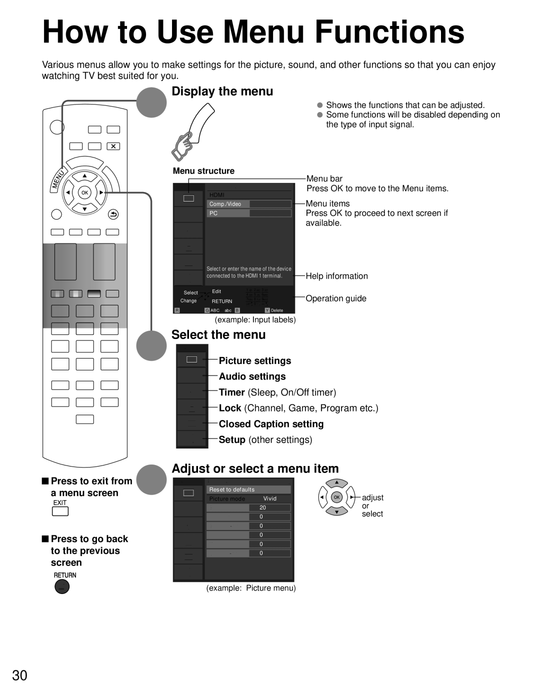 Panasonic TC-L19C30 owner manual How to Use Menu Functions, Display the menu, Select the menu, Adjust or select a menu item 