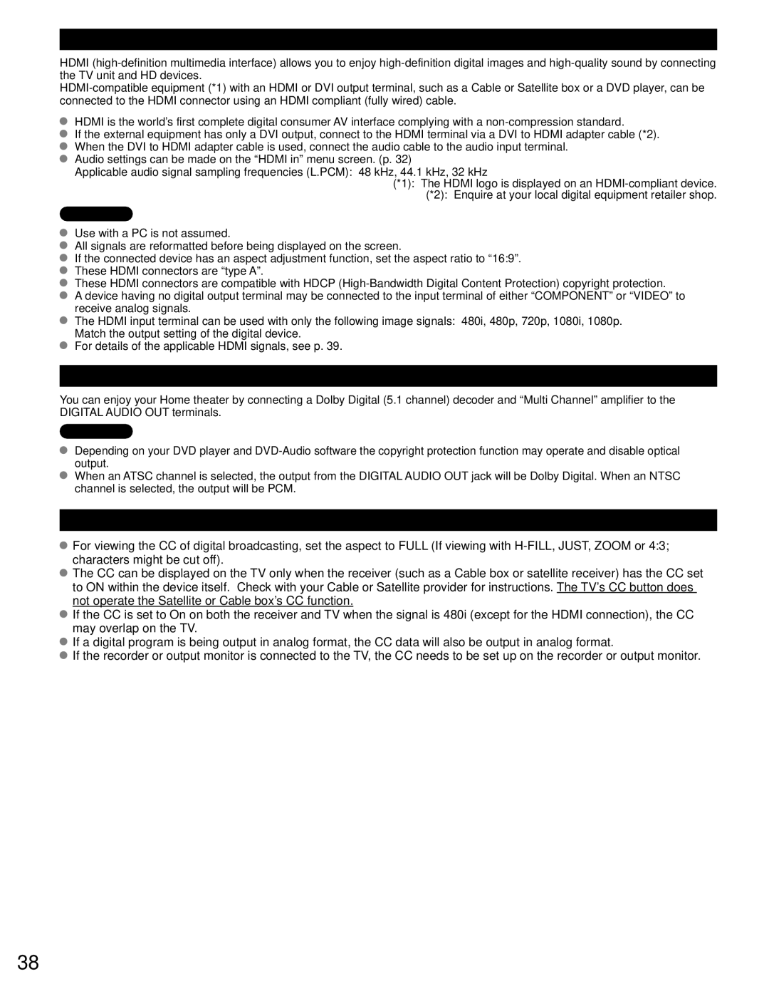 Panasonic TC-L19C30 owner manual Hdmi connection, Digital Audio OUT terminal, Closed Caption CC 