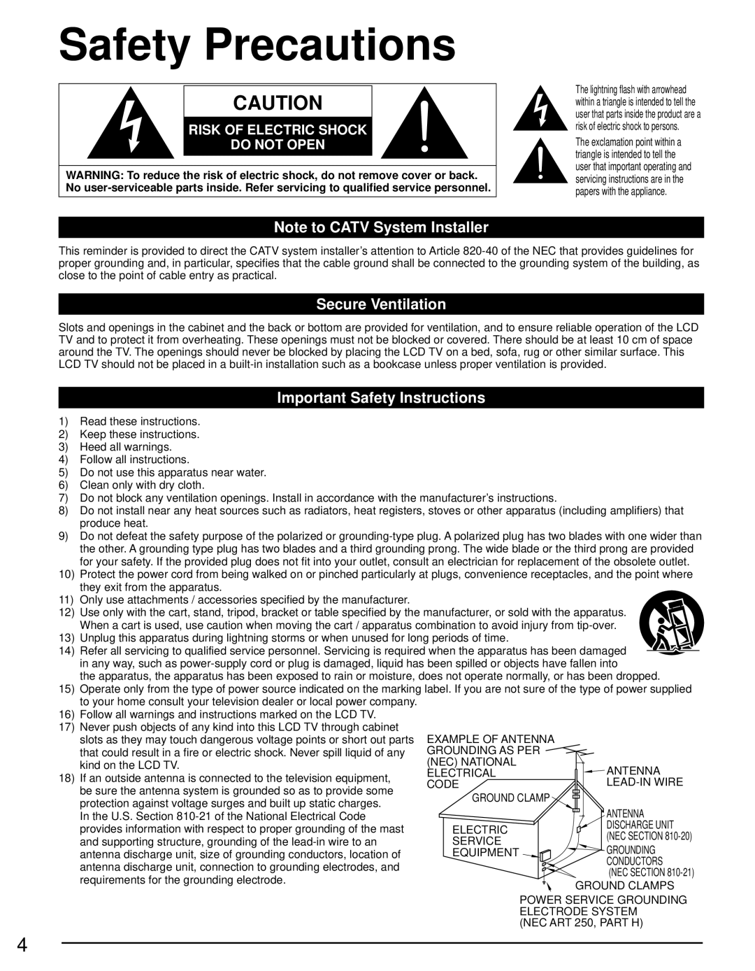 Panasonic TC-L19C30 owner manual Safety Precautions, Secure Ventilation, Important Safety Instructions 