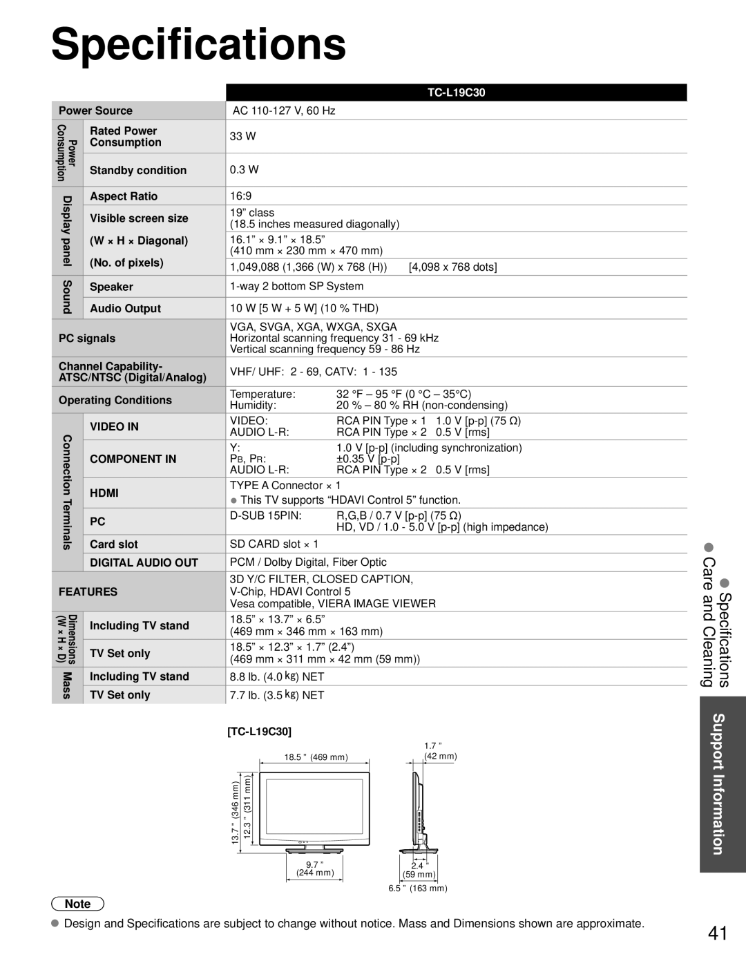 Panasonic TC-L19C30 owner manual Specifications 