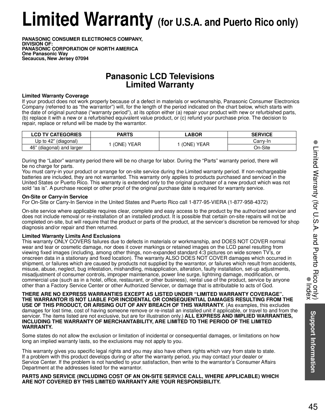 Panasonic TC-L19C30 Limited Warranty Coverage, On-Site or Carry-in Service, Limited Warranty Limits And Exclusions 