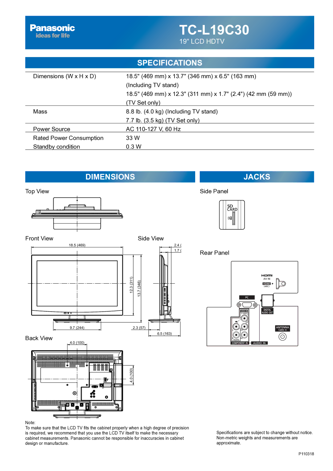 Panasonic TC-L19C30 owner manual Top View Front View, Side View, Side Panel Rear Panel Back View 