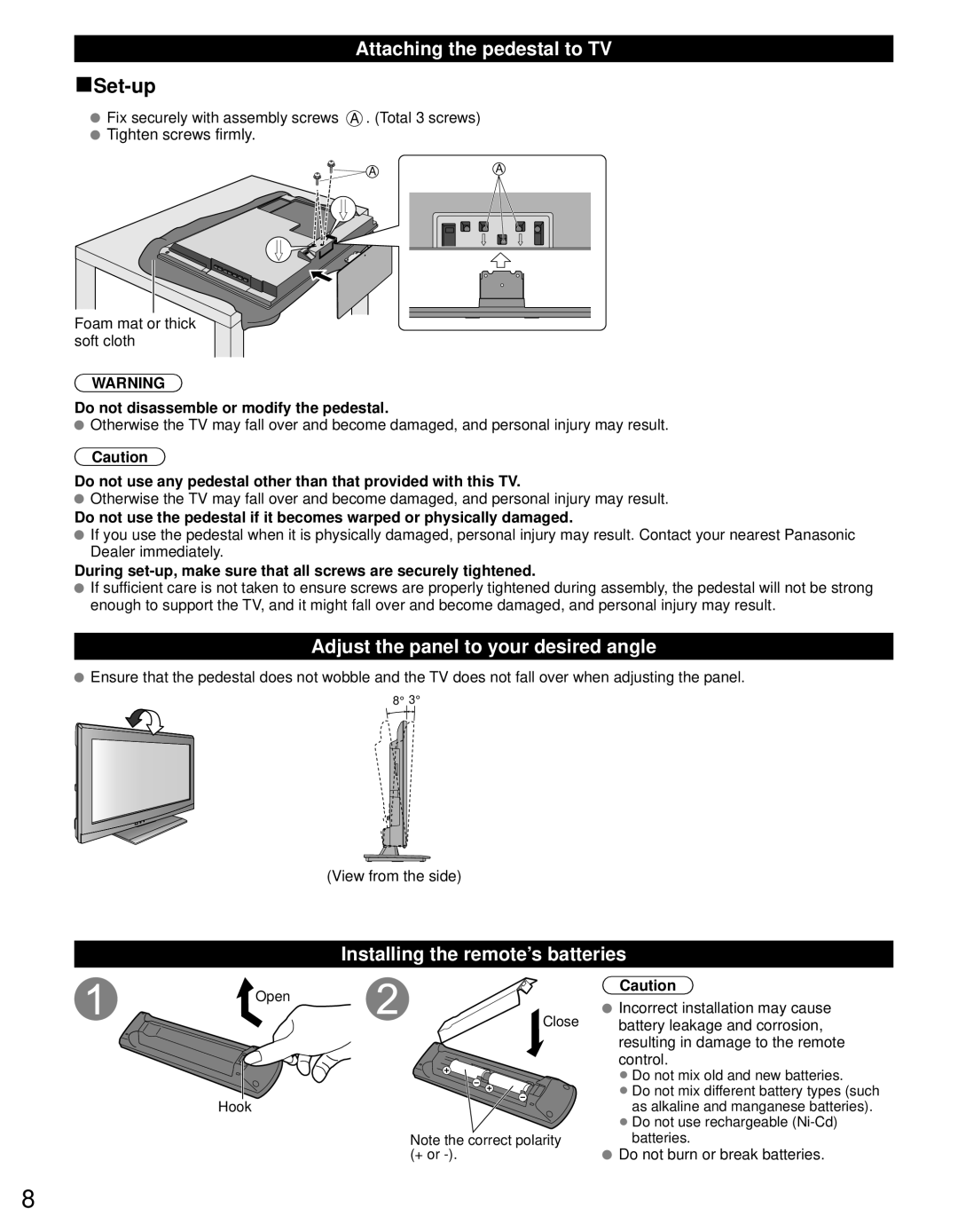 Panasonic TC-L19C30 Attaching the pedestal to TV, Adjust the panel to your desired angle, Do not burn or break batteries 