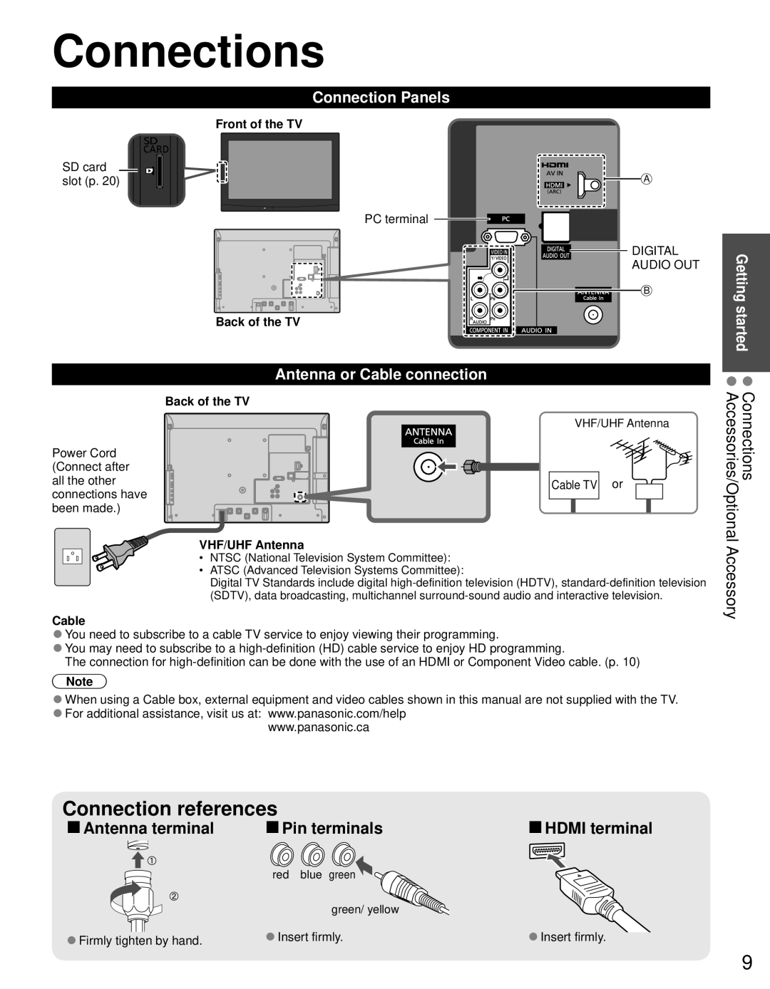 Panasonic TC-L19C30 owner manual Connections, Connection Panels, Antenna or Cable connection 