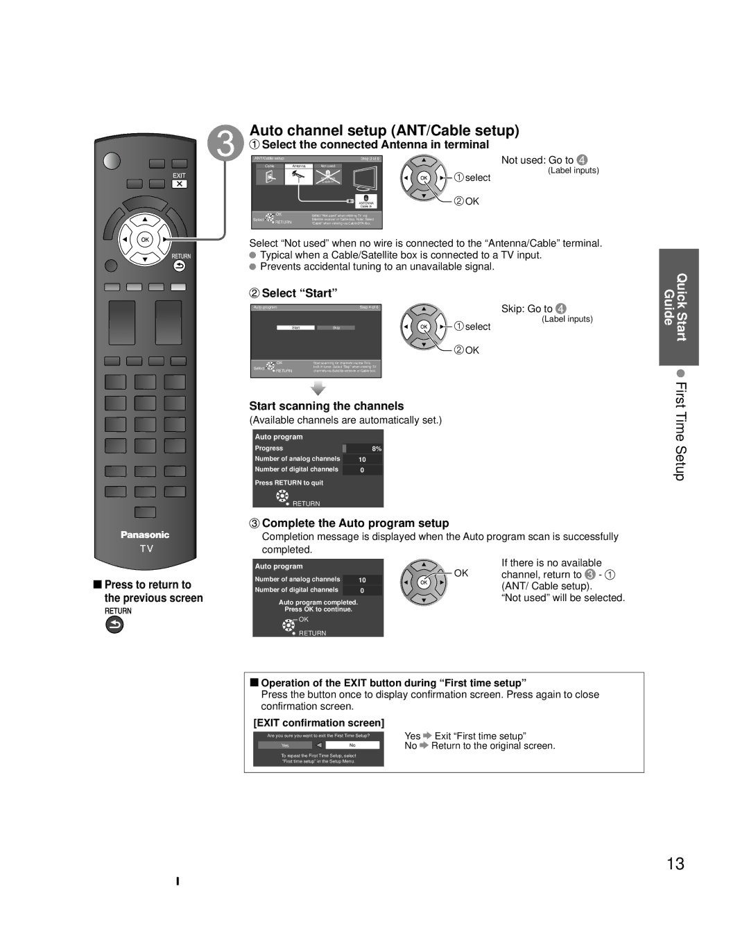 Panasonic TC-L22X2 quick start Auto channel setup ANT/Cable setup, Quick Start First Guide 