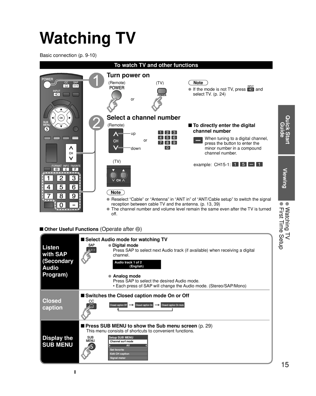 Panasonic TC-L22X2 quick start Watching TV, Turn power on, Select a channel number, Listen with SAP Secondary Audio Program 