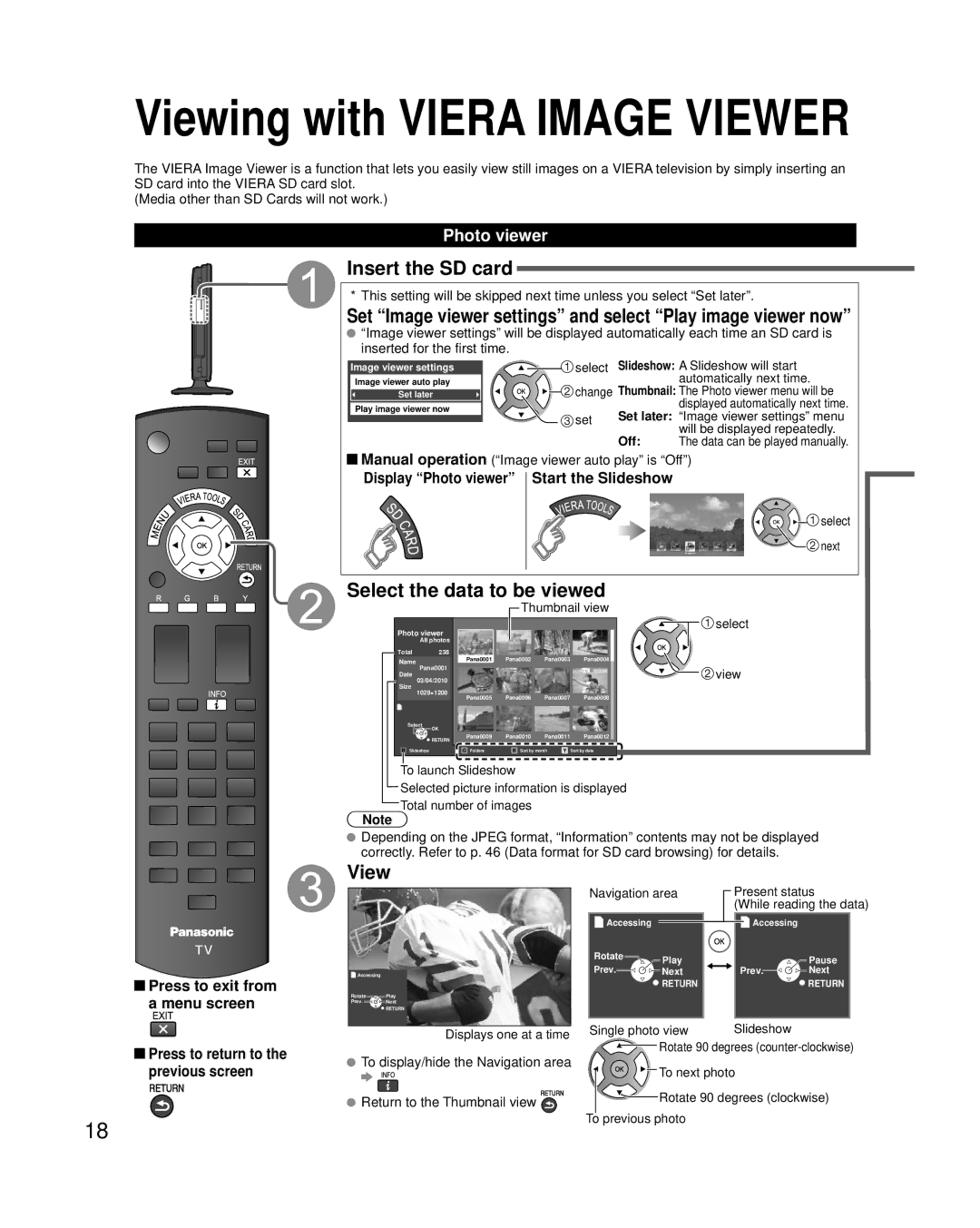 Panasonic TC-L22X2 Insert the SD card, Set Image viewer settings and select Play image viewer now, View, Photo viewer 