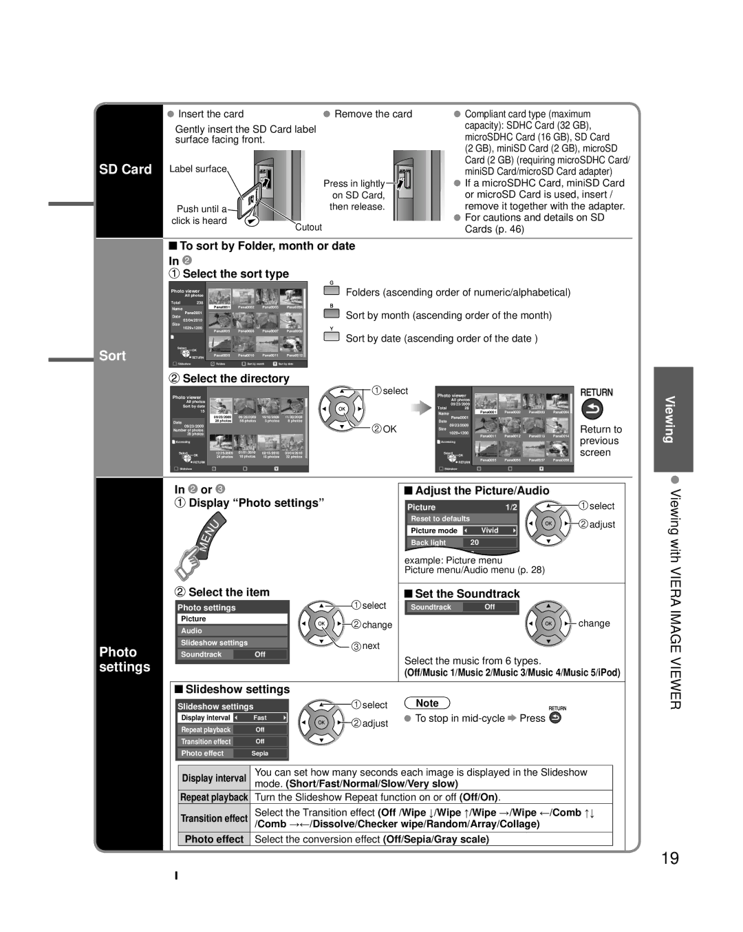 Panasonic TC-L22X2 quick start SD Card, Sort, Viewing, Photo settings 