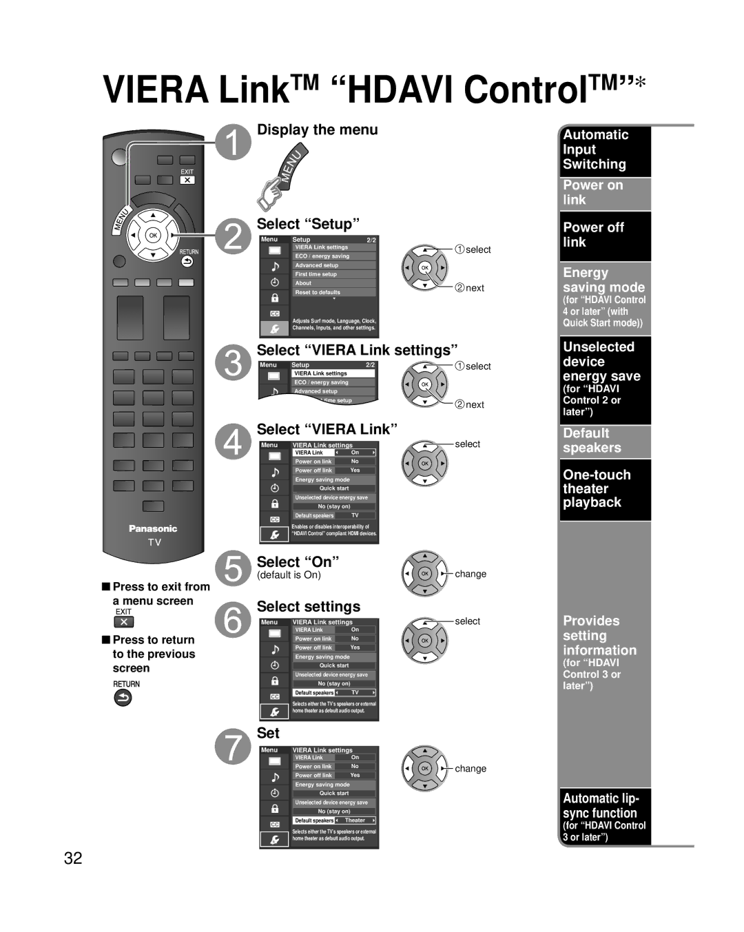 Panasonic TC-L22X2 Select settings, Set, Default Speakers One-touch theater playback, Provides setting information 