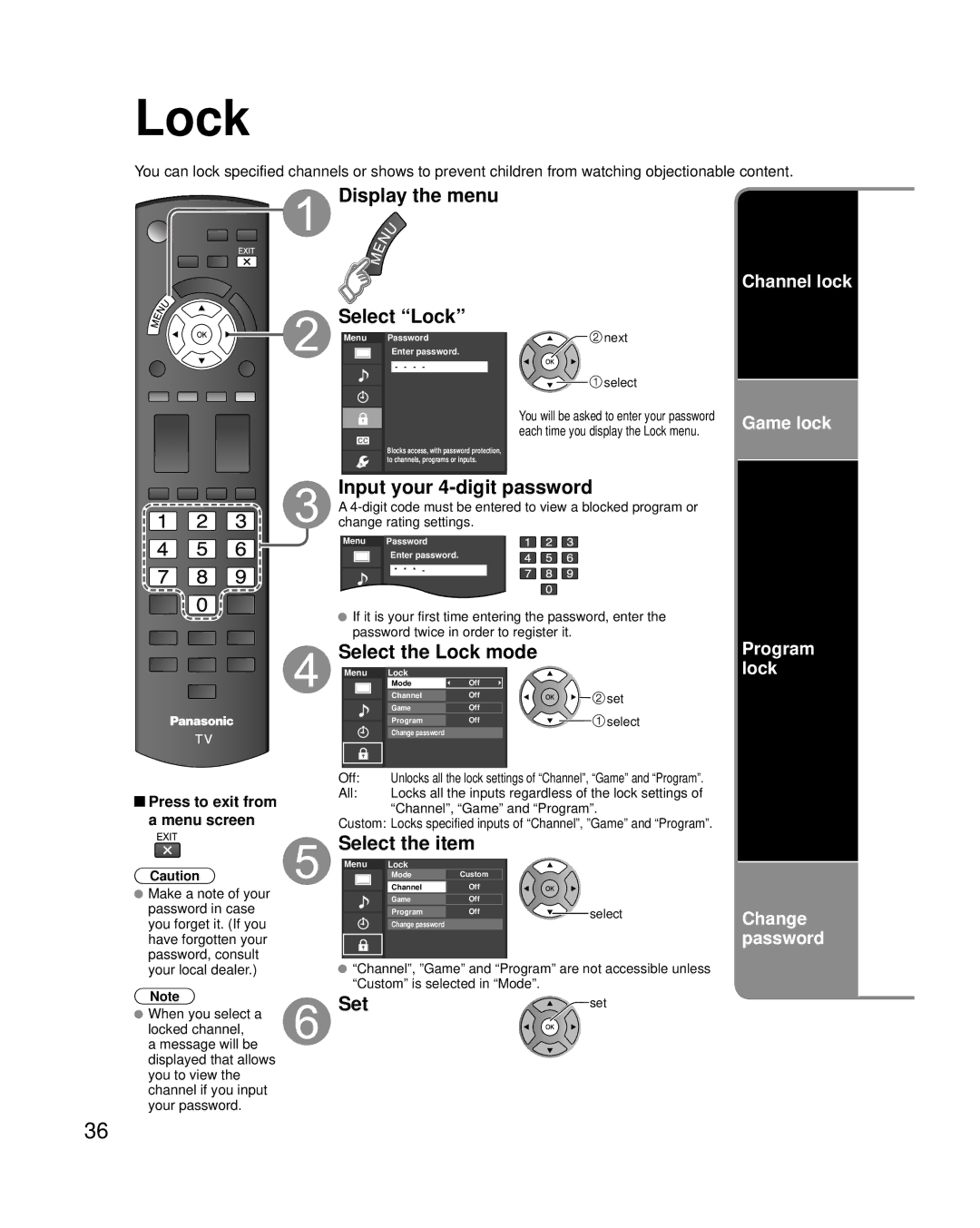 Panasonic TC-L22X2 quick start Display the menu Select Lock, Input your 4-digit password, Select the Lock mode 