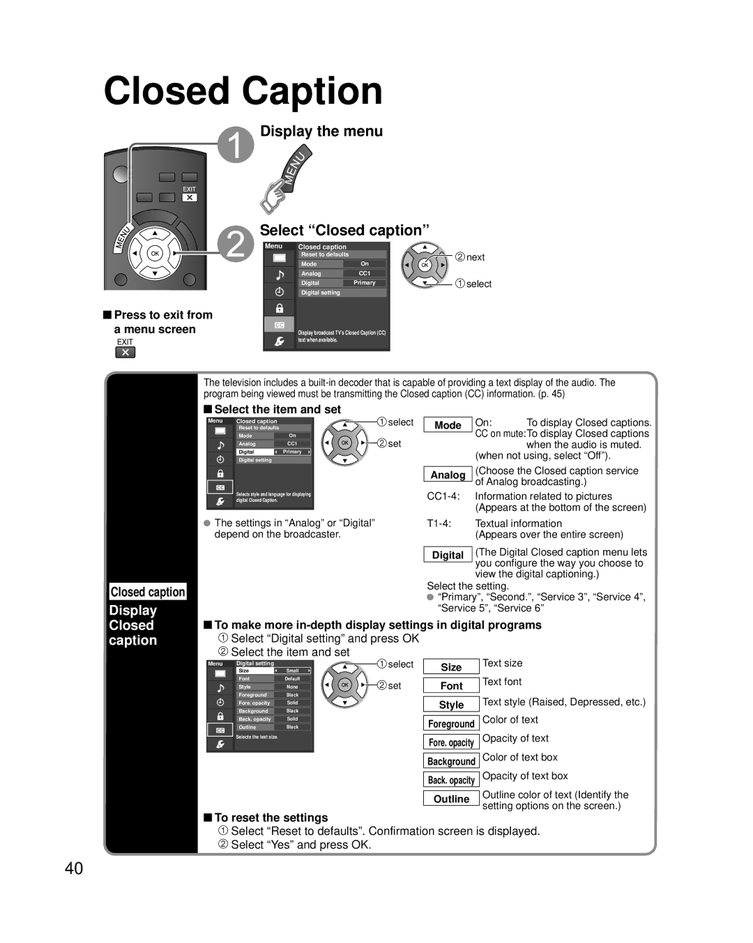 Panasonic TC-L22X2 quick start Closed Caption, Select Closed caption, Display Closed 