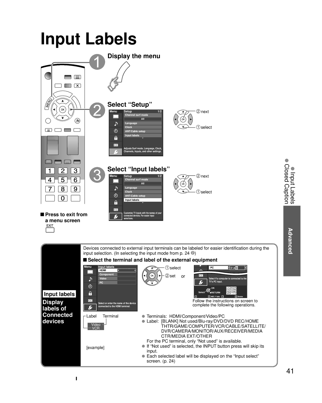 Panasonic TC-L22X2 quick start Input Labels, Select Input labels, Display labels of Connected devices, Label Terminal 