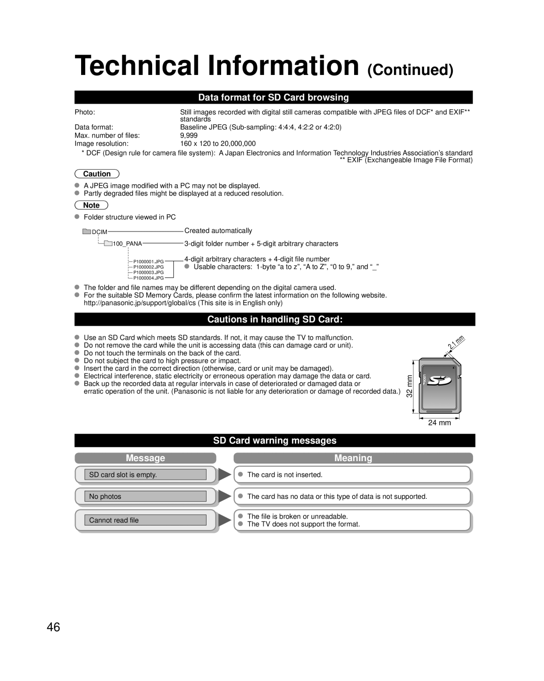 Panasonic TC-L22X2 quick start Data format for SD Card browsing, Message, SD Card warning messages Meaning, 32 mm 24 mm 