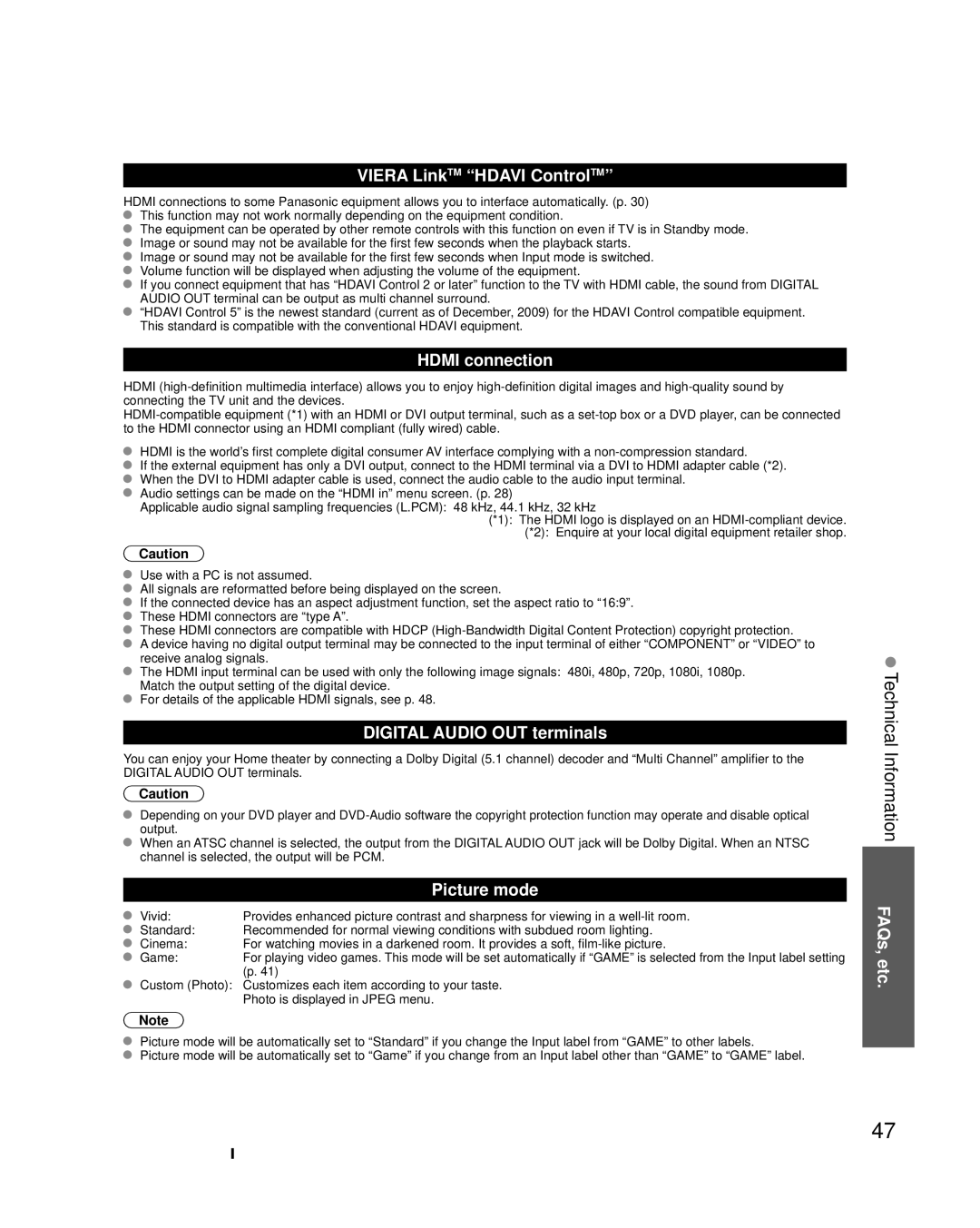 Panasonic TC-L22X2 quick start Viera LinkTM Hdavi ControlTM, Hdmi connection, Digital Audio OUT terminals, Picture mode 