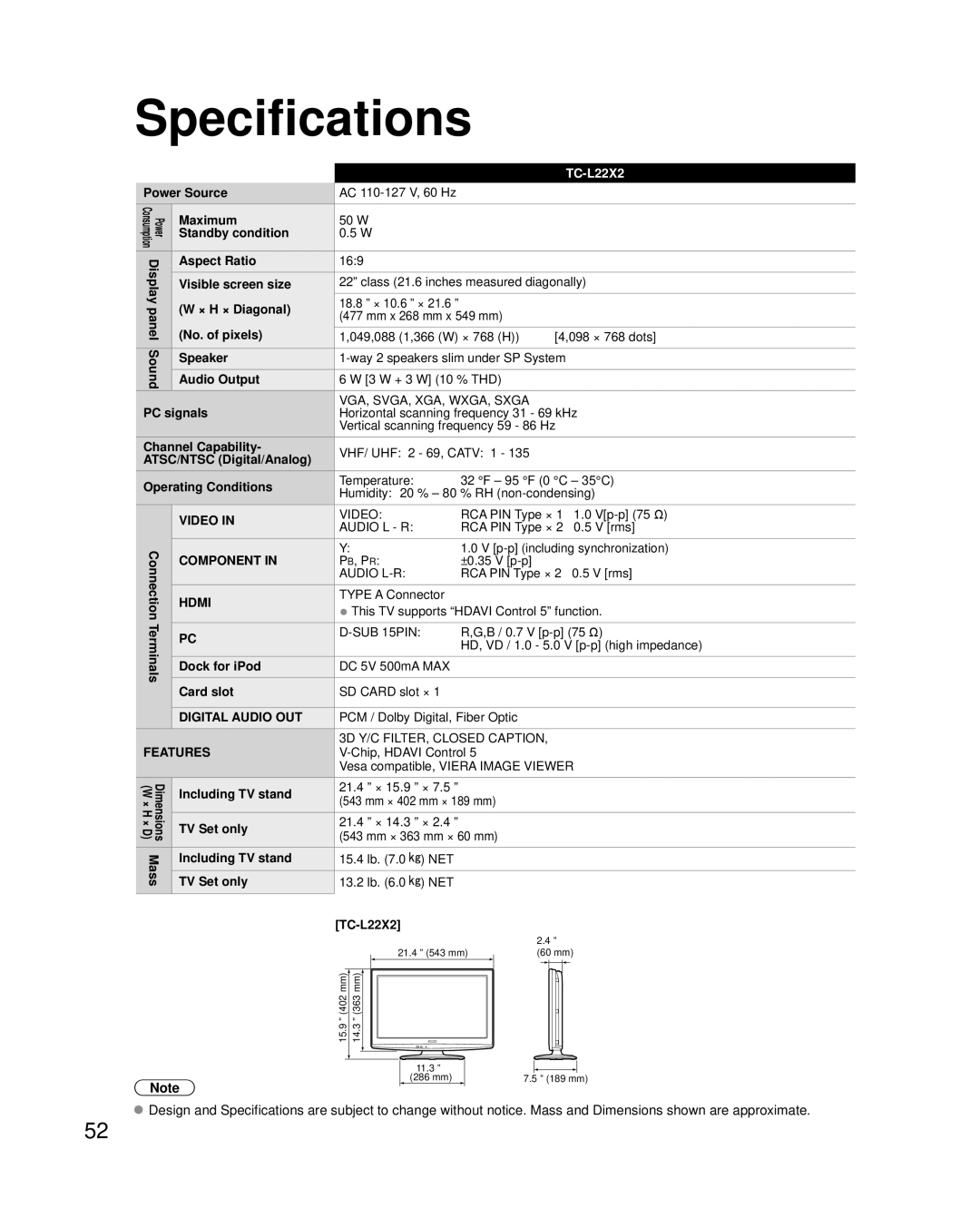 Panasonic TC-L22X2 quick start Specifications 