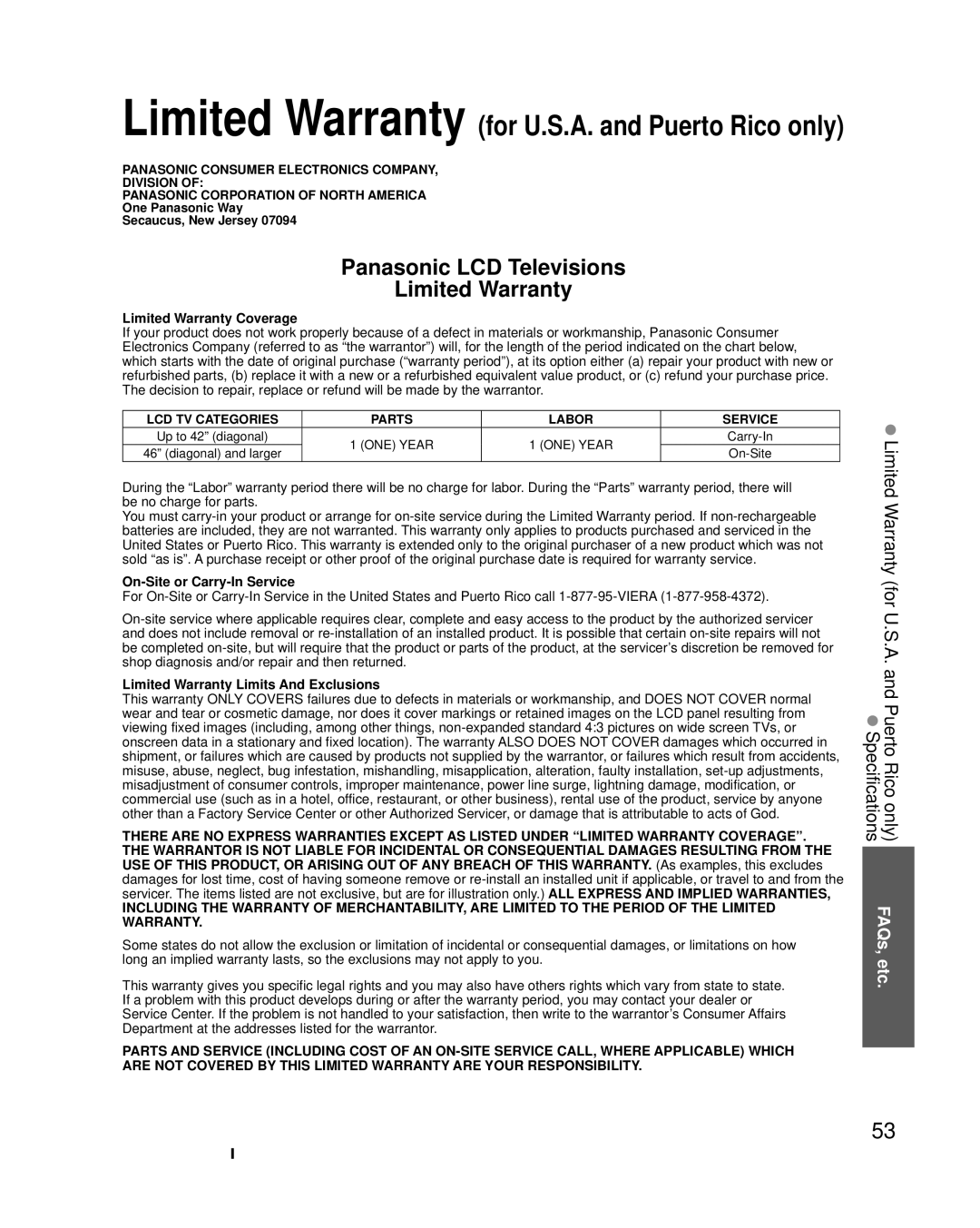 Panasonic TC-L22X2 Limited Warranty Coverage, On-Site or Carry-In Service, Limited Warranty Limits And Exclusions 