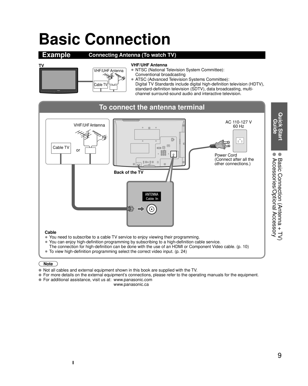 Panasonic TC-L22X2 quick start Basic Connection, Connecting Antenna To watch TV, VHF/UHF Antenna, Cable 