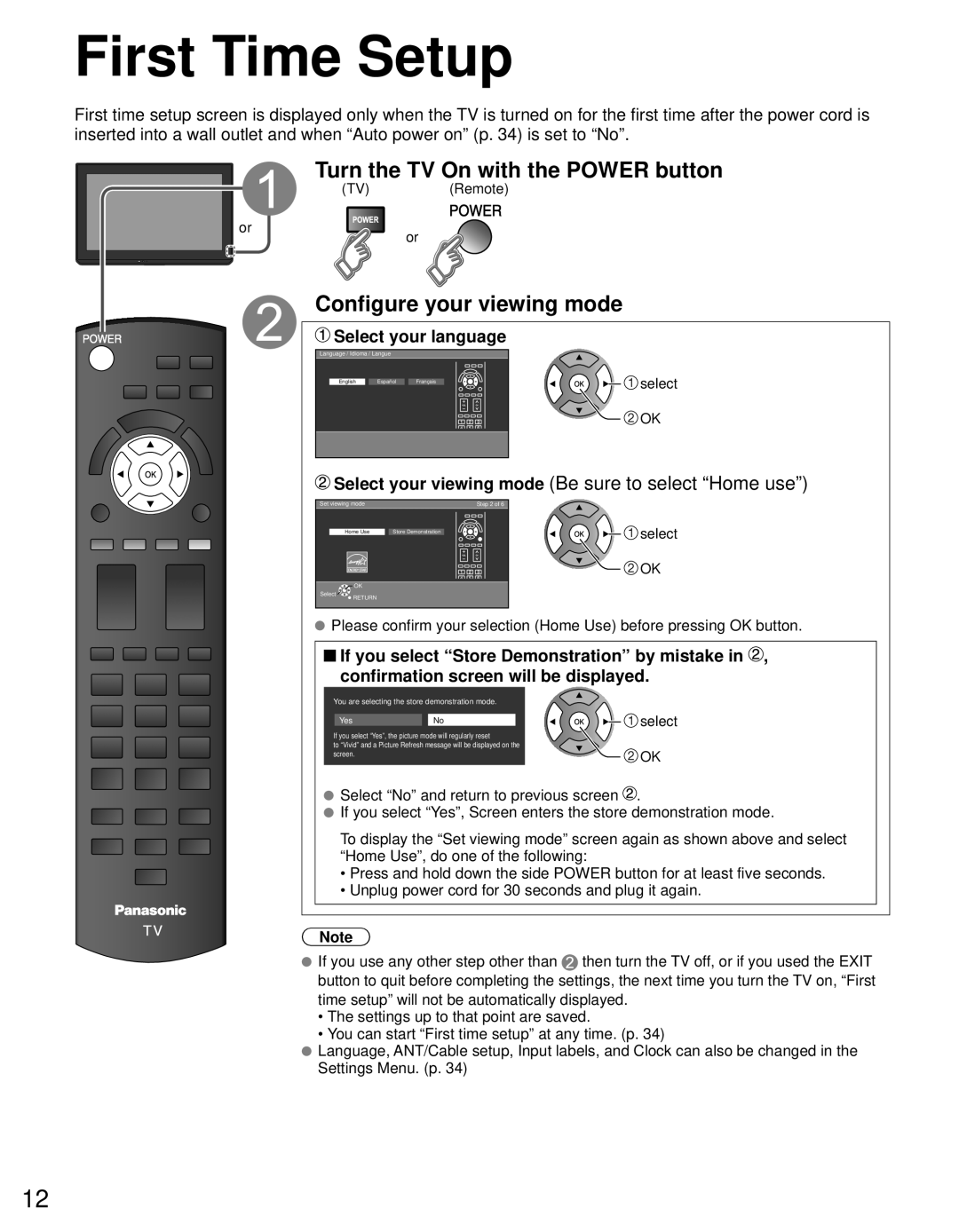 Panasonic TC-L24C3 owner manual First Time Setup, Turn the TV On with the Power button, Configure your viewing mode 