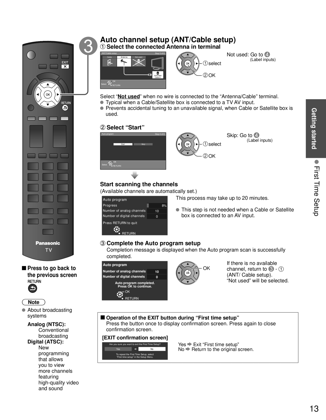 Panasonic TC-L24C3 Auto channel setup ANT/Cable setup, Started First Time Setup, Select the connected Antenna in terminal 