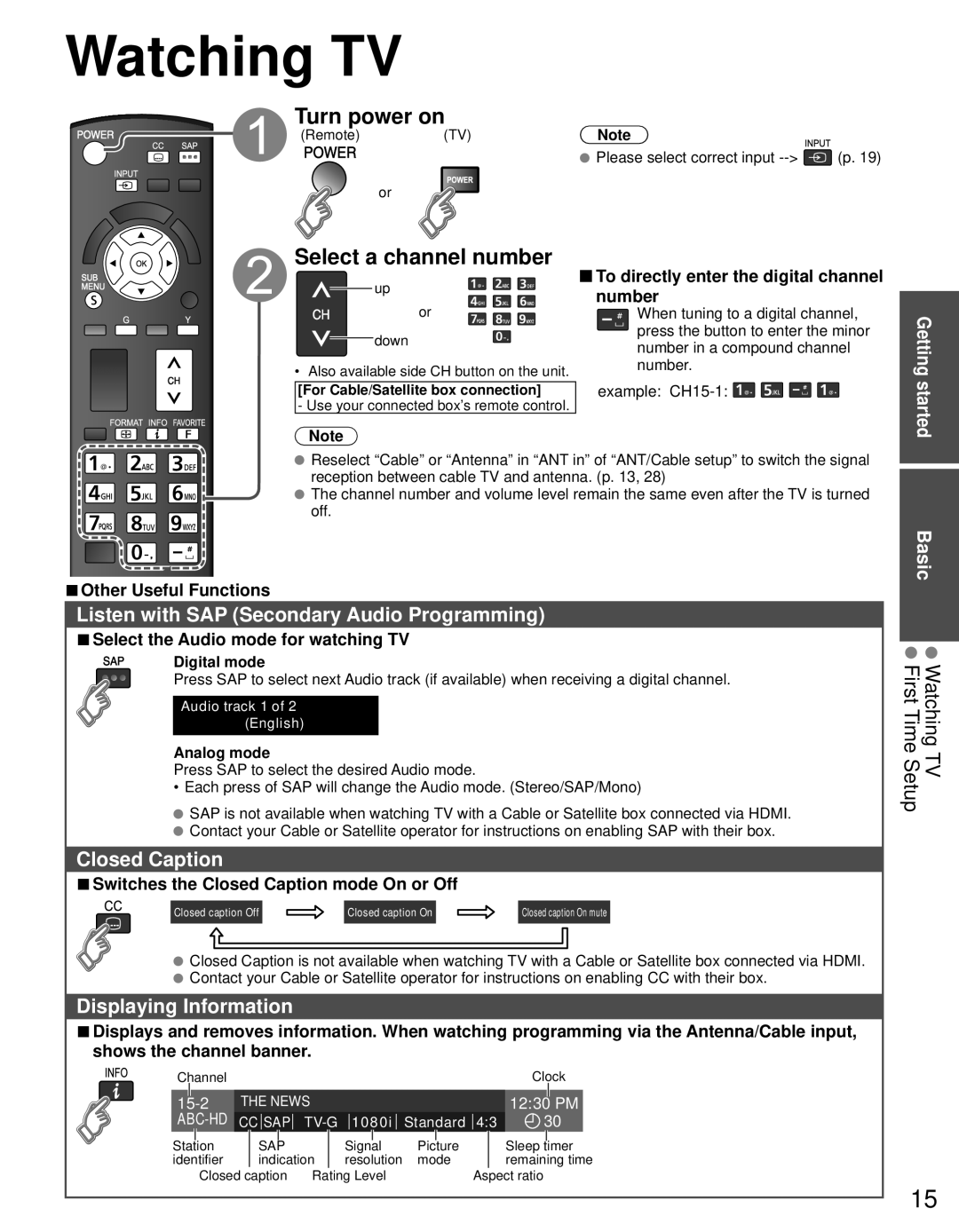 Panasonic TC-L24C3 owner manual Watching TV, Turn power on, Select a channel number 