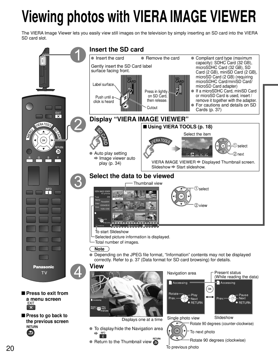 Panasonic TC-L24C3 owner manual Insert the SD card, Display Viera Image Viewer, Select the data to be viewed 