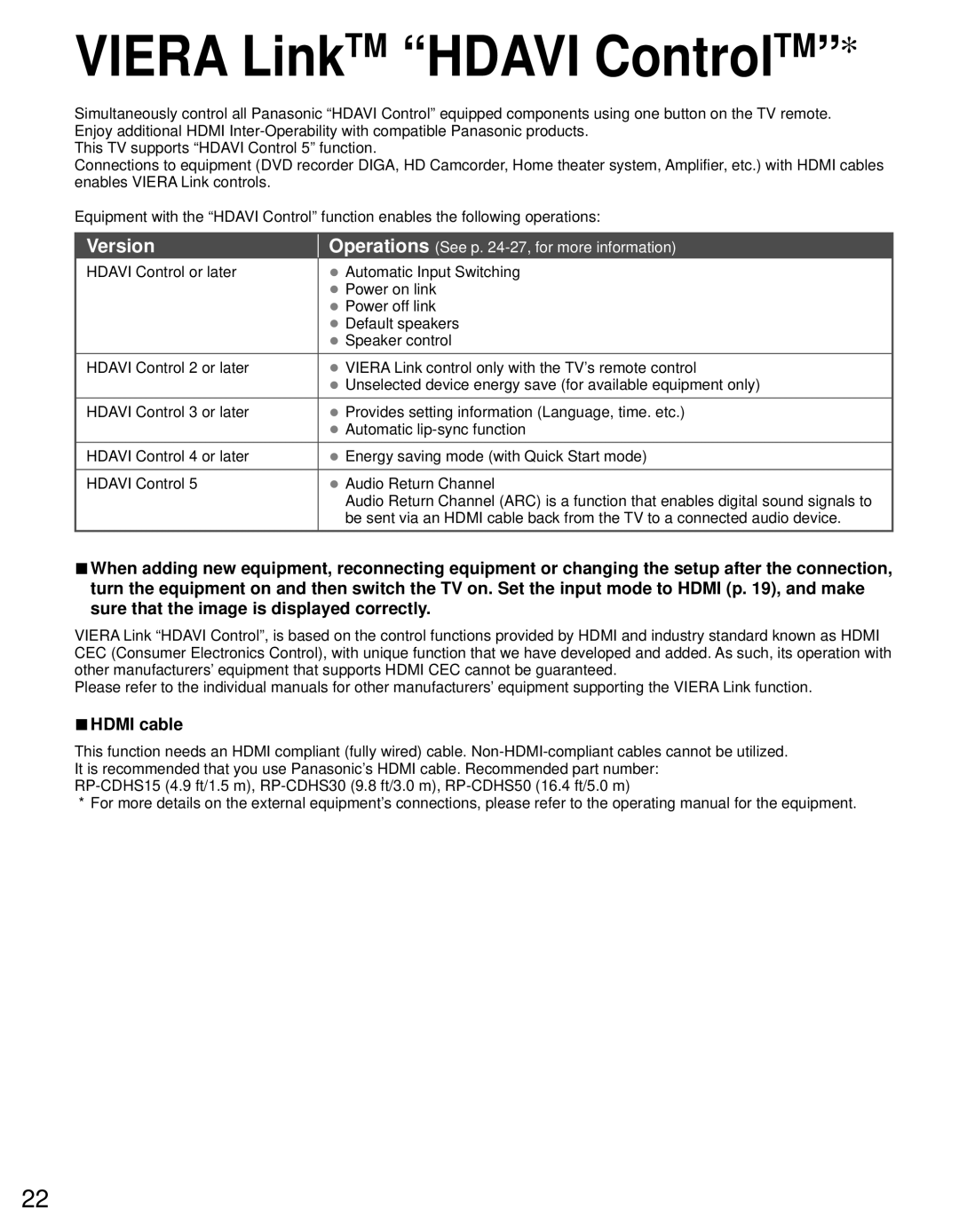 Panasonic TC-L24C3 owner manual Viera LinkTM Hdavi ControlTM, Version, Hdmi cable, Equipment only 