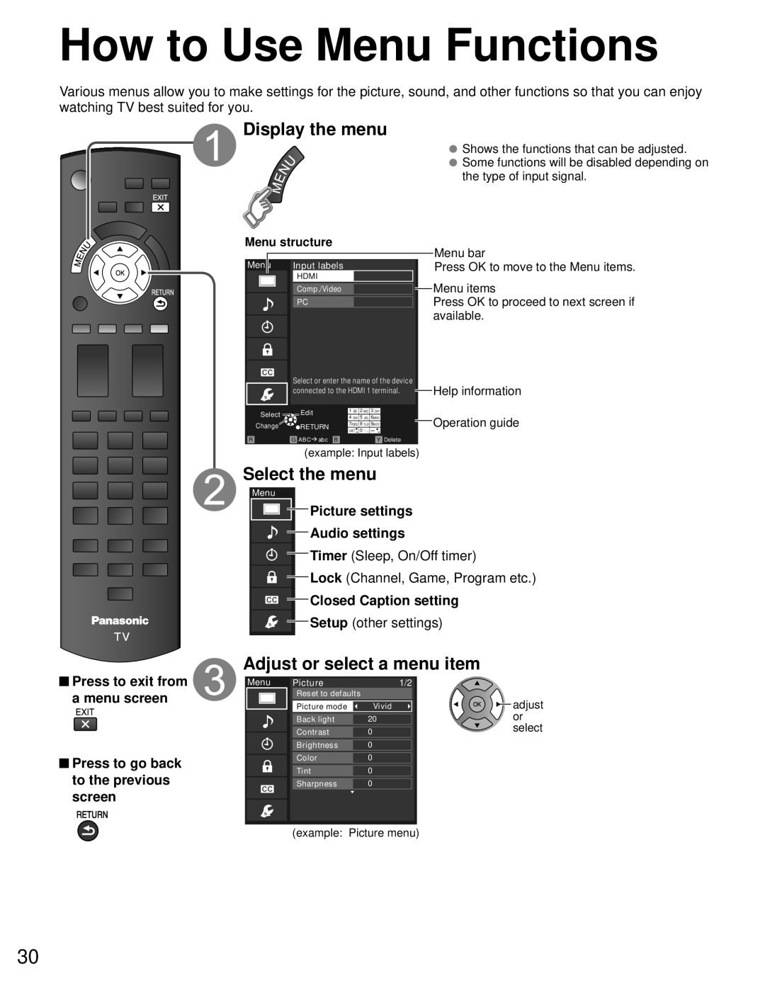 Panasonic TC-L24C3 owner manual How to Use Menu Functions, Display the menu, Select the menu, Adjust or select a menu item 