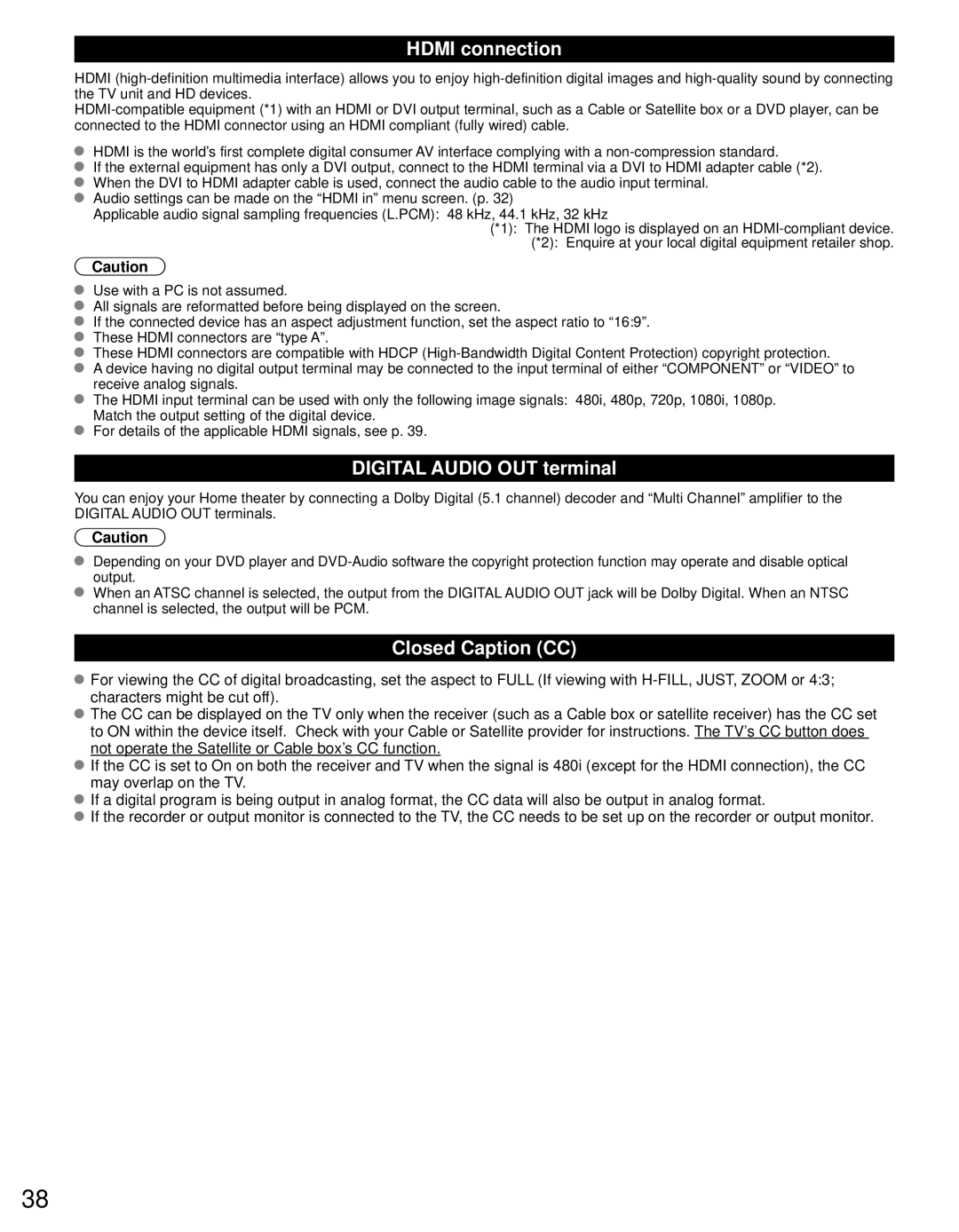 Panasonic TC-L24C3 owner manual Hdmi connection, Digital Audio OUT terminal, Closed Caption CC 