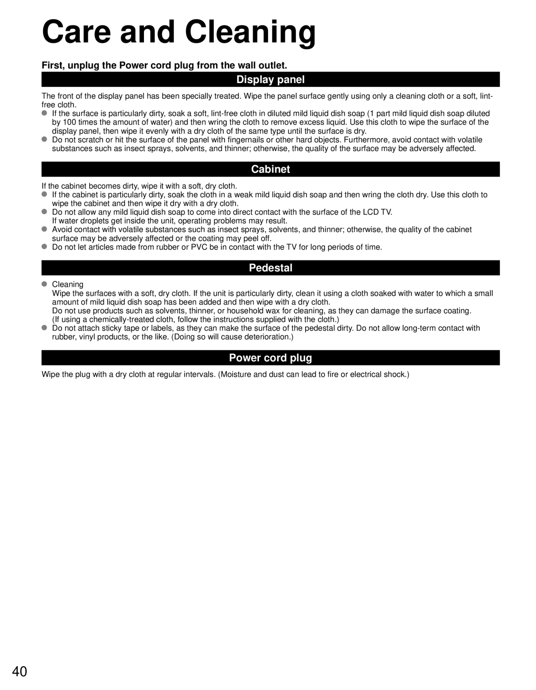 Panasonic TC-L24C3 owner manual Care and Cleaning, Display panel, Cabinet, Pedestal, Power cord plug 