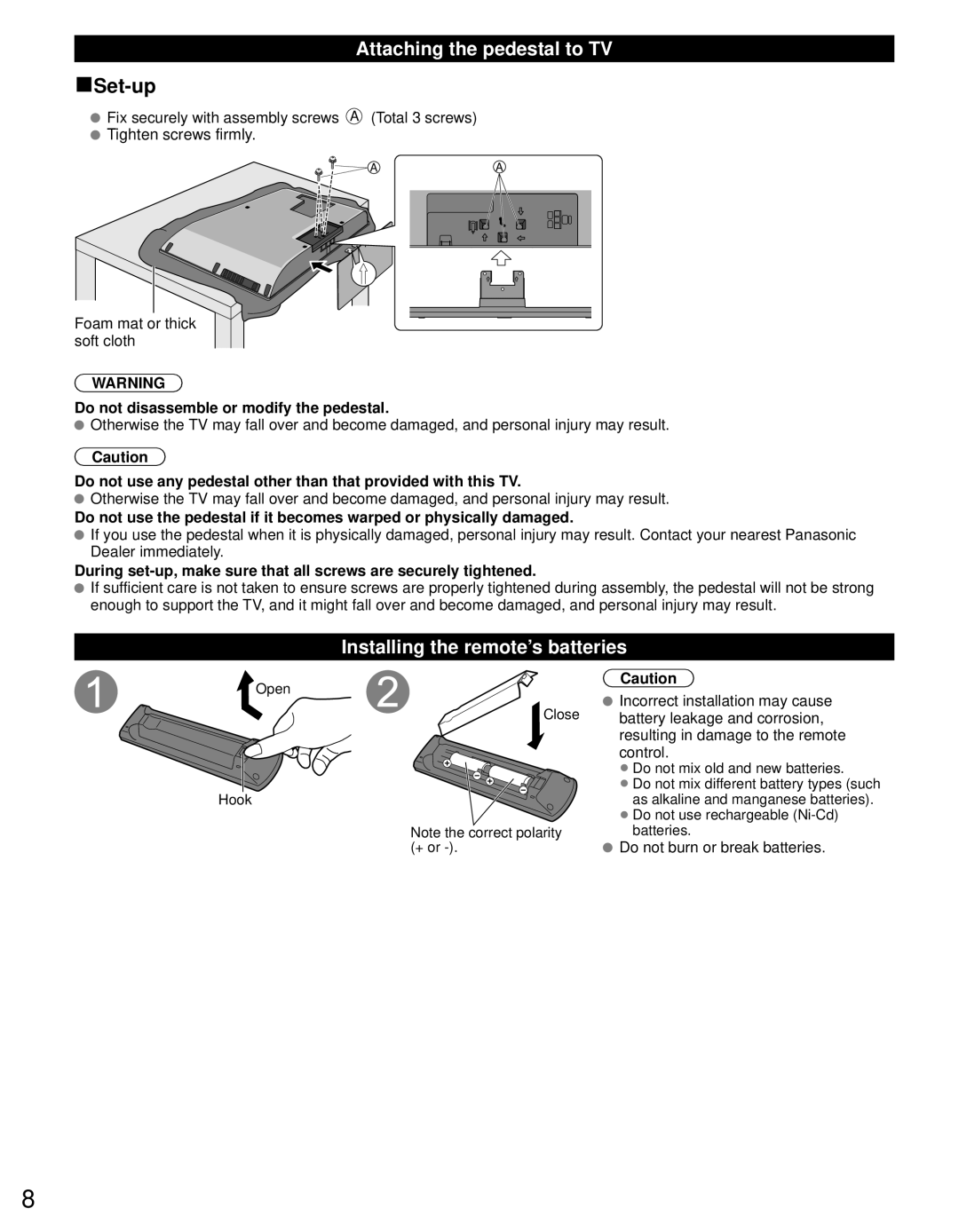 Panasonic TC-L24C3 Attaching the pedestal to TV, Installing the remote’s batteries, Do not burn or break batteries 