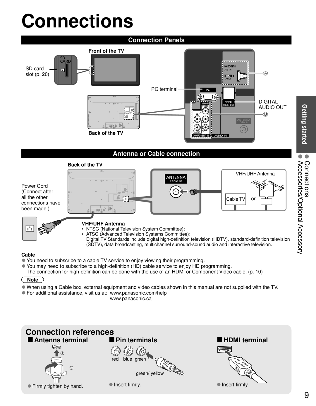 Panasonic TC-L24C3 owner manual Connections, Connection Panels, Antenna or Cable connection 