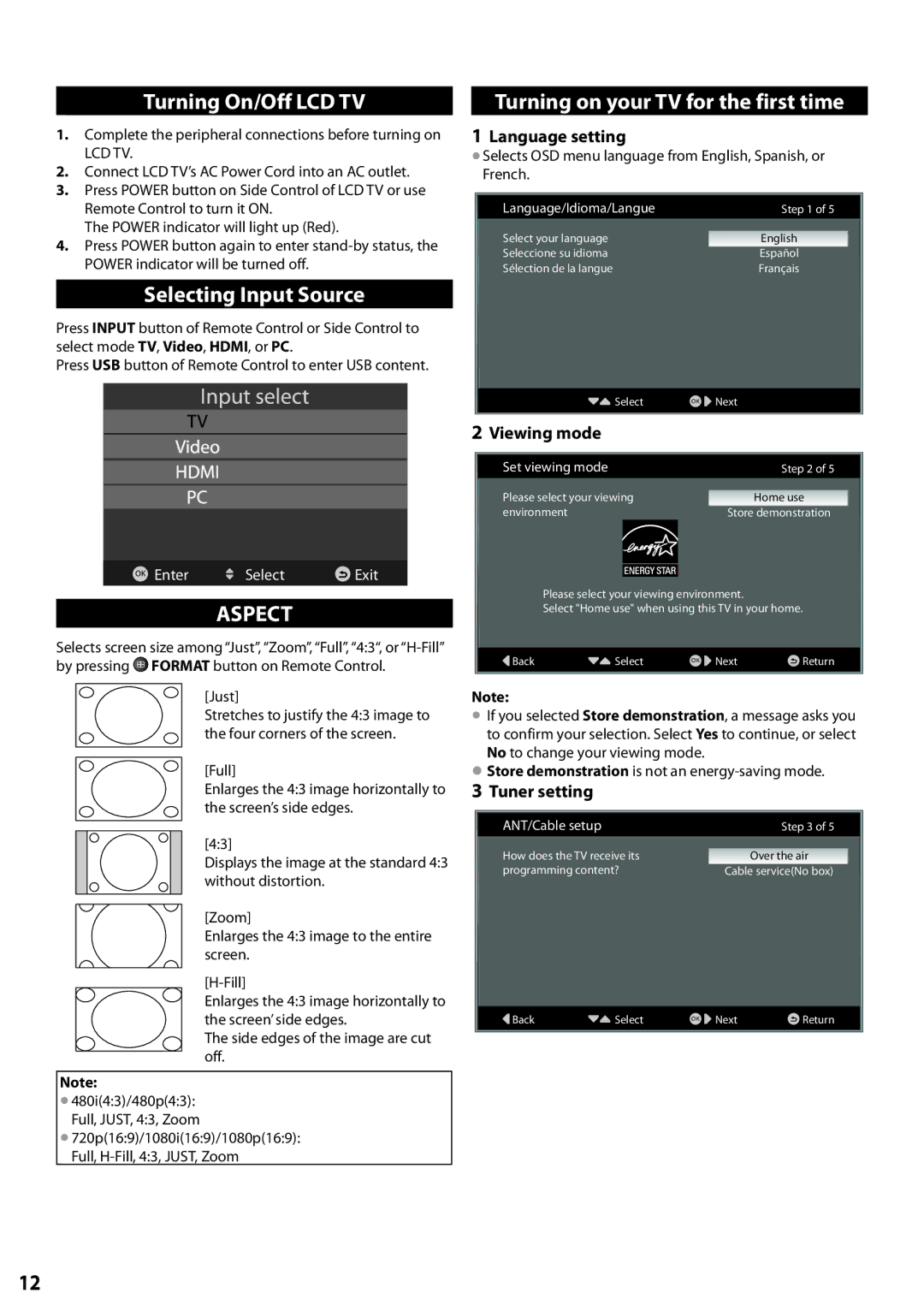 Panasonic TC-L24X5 Turning On/Off LCD TV, Selecting Input Source, Aspect, Turning on your TV for the first time 