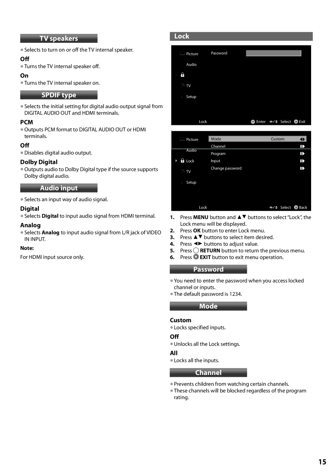 Panasonic TC-L24X5 owner manual TV speakers, Spdif type, Lock, Audio input, Password, Mode, Channel 