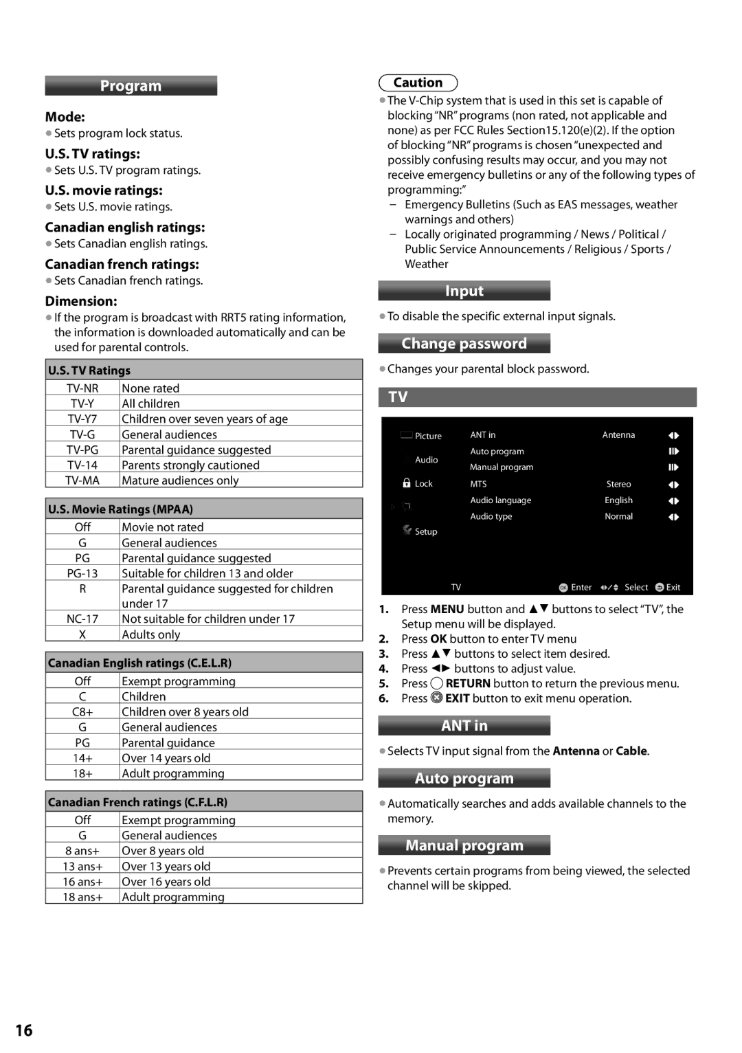 Panasonic TC-L24X5 owner manual Program, Input, Change password, Ant, Auto program, Manual program 