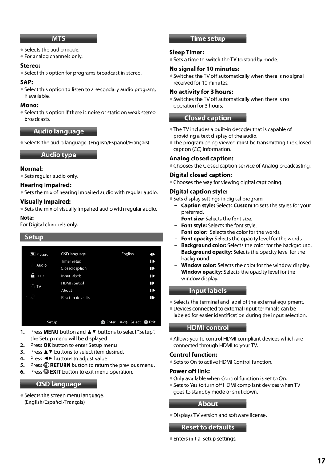 Panasonic TC-L24X5 Audio language, Audio type, Setup, OSD language, Time setup, Closed caption, Input labels, Hdmi control 